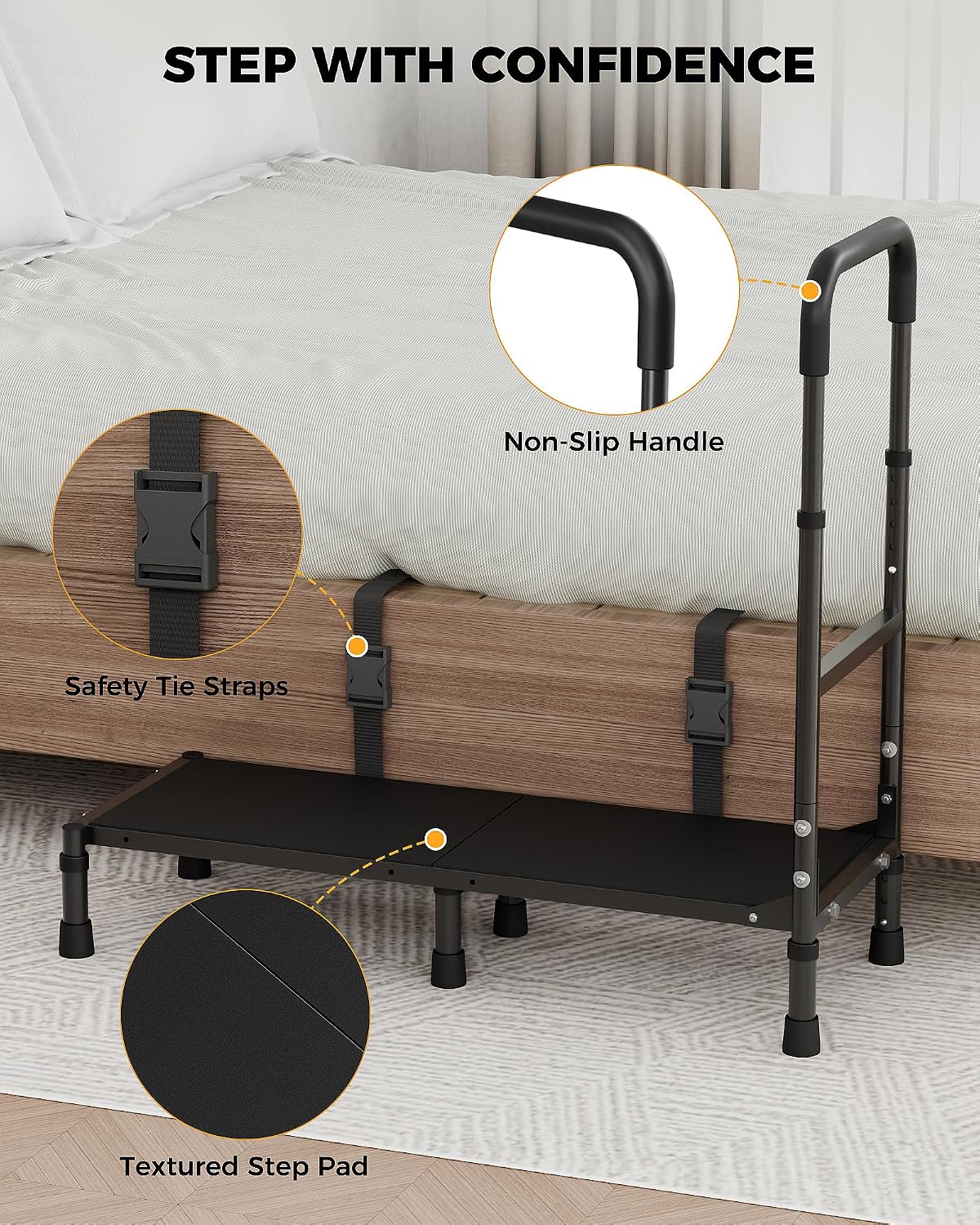 Bed Steps for High Beds for Adults, Step Stool with Handle for Elderly, Extra Long 34.5" Bedside Step Platform, Adjustable Height 5.6"-7.6", Non-Slip Foam Pad & Stable Steel Frame, Black