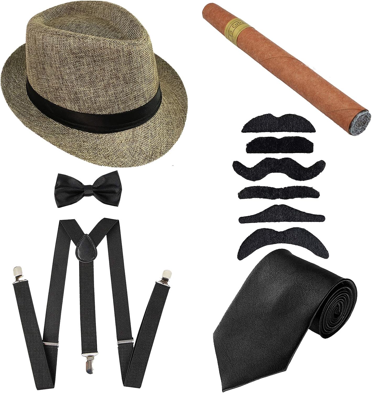 1920s Mens Accessories Hard Felt Panama Hat, Y-Back Suspenders & Pre Tied Bow Tie, Tie,Toy Cigar & Fake Mustache