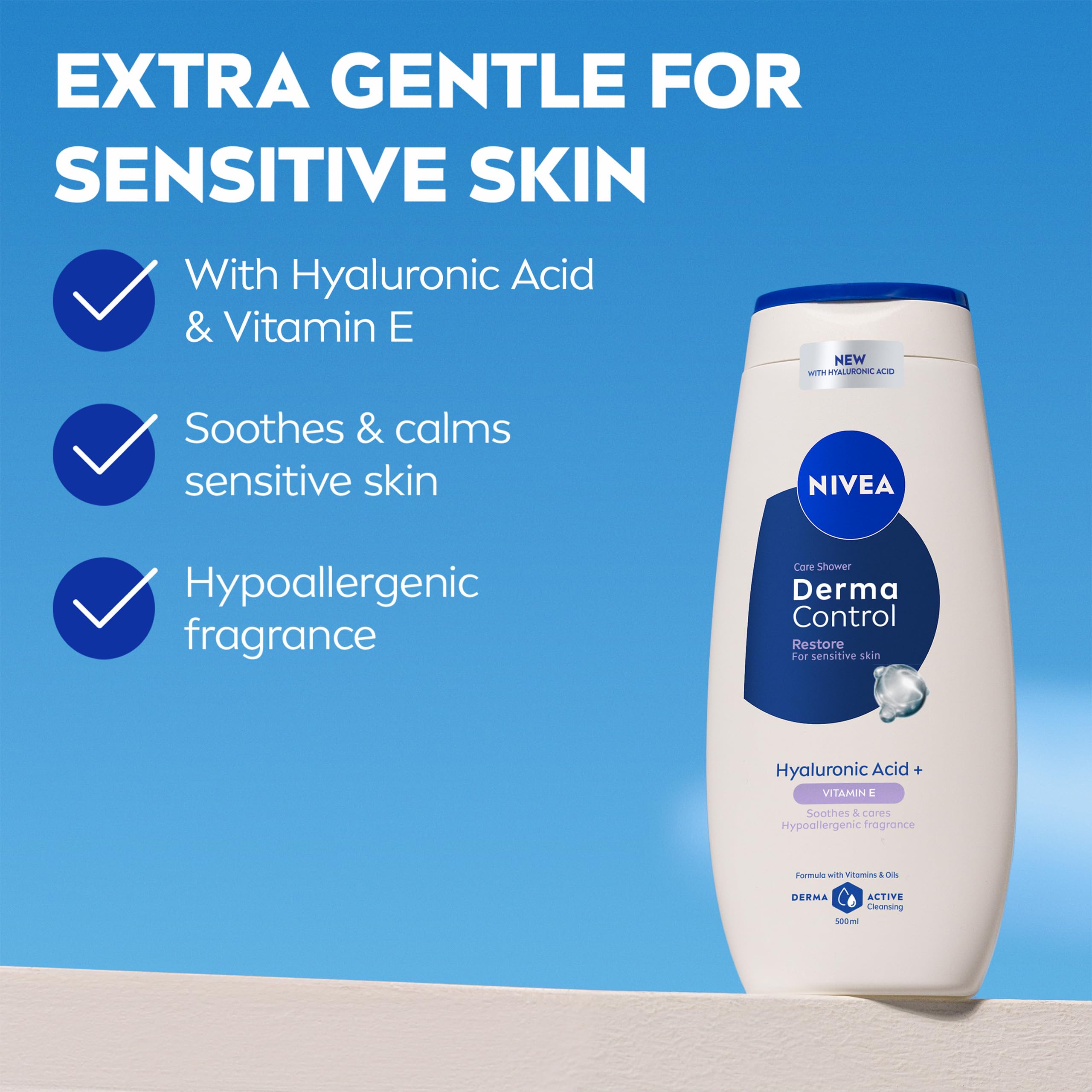 NIVEA Derma Control Restore Shower Gel 500ml, Moisturising Body Wash with Hyaluronic Acid and Vitamin E - Image 2