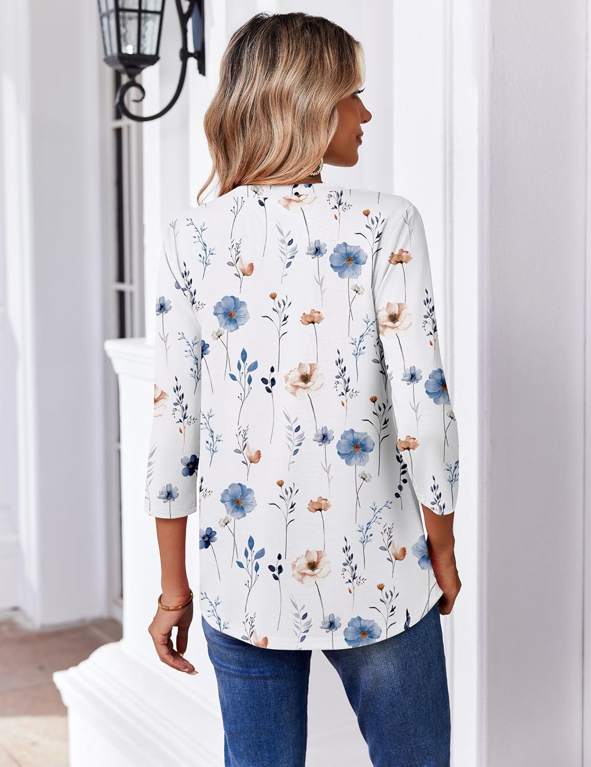 Zeagoo 3/4 Length Sleeve Womens Tops Casual V Neck Pleated Top Boho Floral Blouses Work Shirts - Image 6