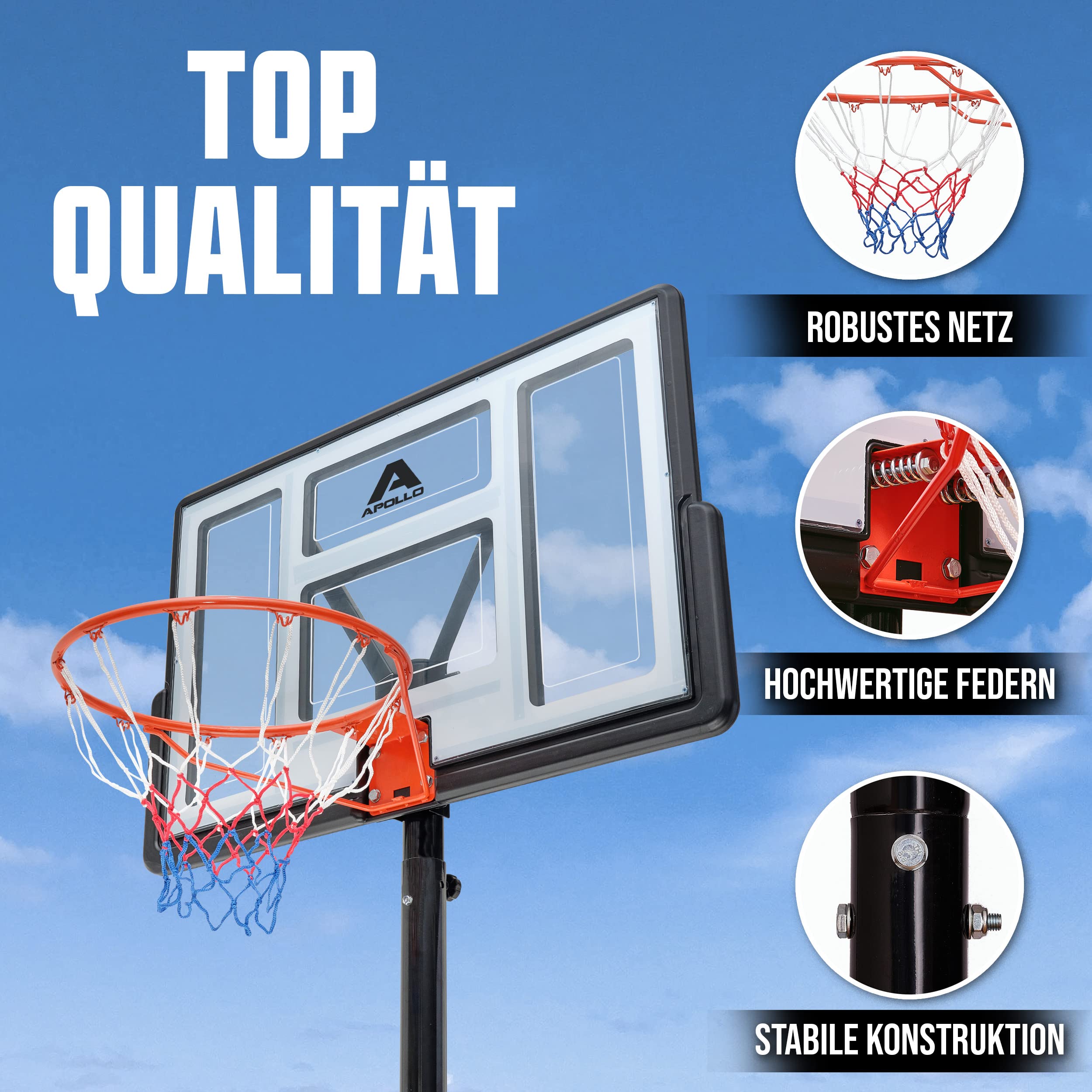Apollo Basketballständer - höhenverstellbarer Korb - 155 bis 210 & 210 bis 305 cm - Basketballkorb Set Outdoor komplett - Basketballkorb Kinder - Basketball Korb für Erwachsene