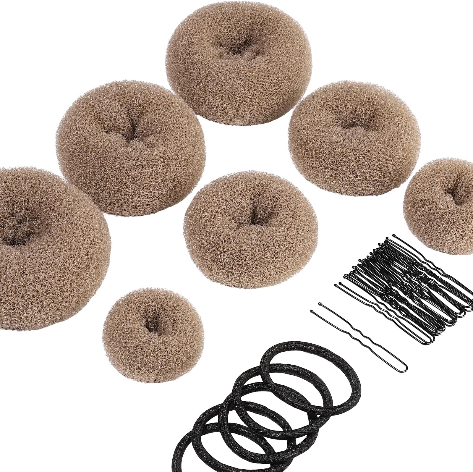 - Teenitor Donut Hair Bun Maker Set, 7 Pieces Hair Bun Makers (1 extra-large, 2 large, 2 medium and 2 small), 5 pieces Hair Elastic Bands, 20 pieces Hair Pins, Tan Color