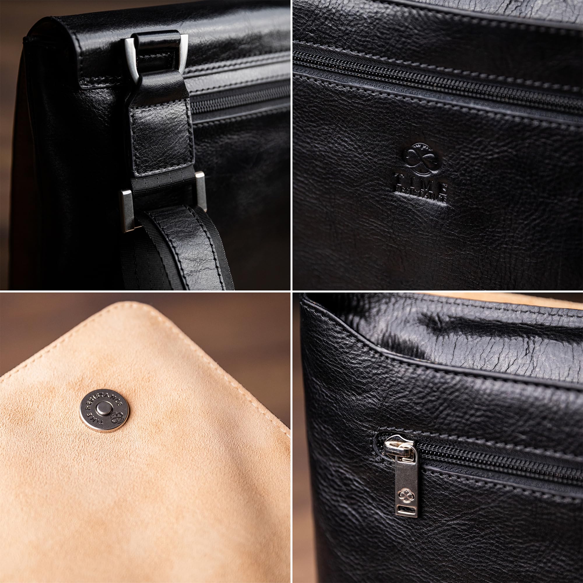 Time Resistance Borsa Messenger - Borsa a Tracolla in Pelle con Tracolla Regolabile