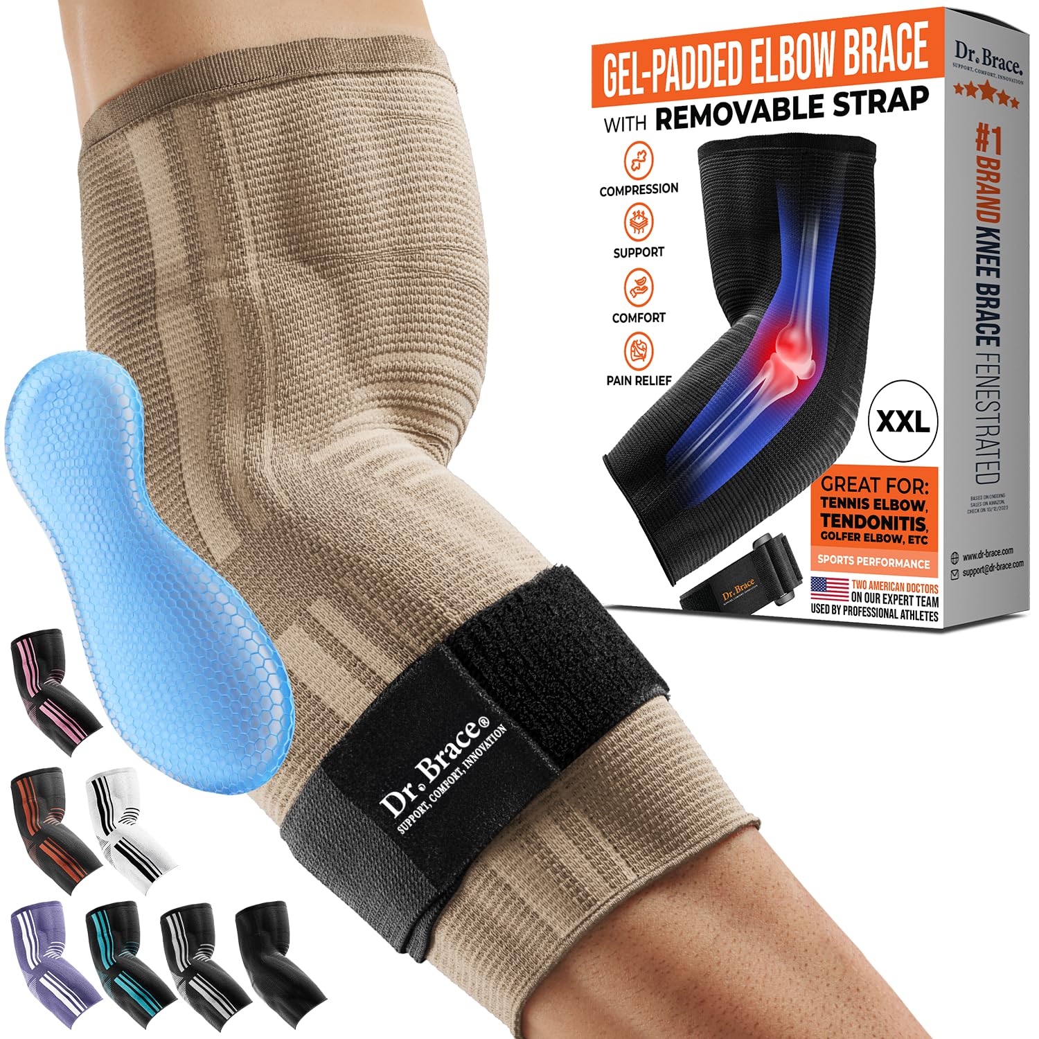 DR. BRACE® Elite Elbow Brace Support, Breathable Elbow Compression Sleeve with Gel Pad for Golfer's, Tennis Elbow & Tendonitis Treatment & Pain Relief 2024 (Black-Blue, XX-Large)