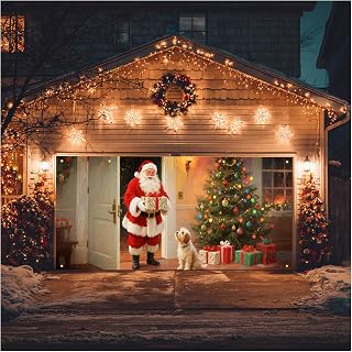 HOMETITUTE Santa Dog Christmas Garage Door Banner 13x6ft | Xmas Background Decor Seasonal Display Outdoor Indoor Winter Holiday Porch Yard Santa Dog Red Green Warm Lights Trees