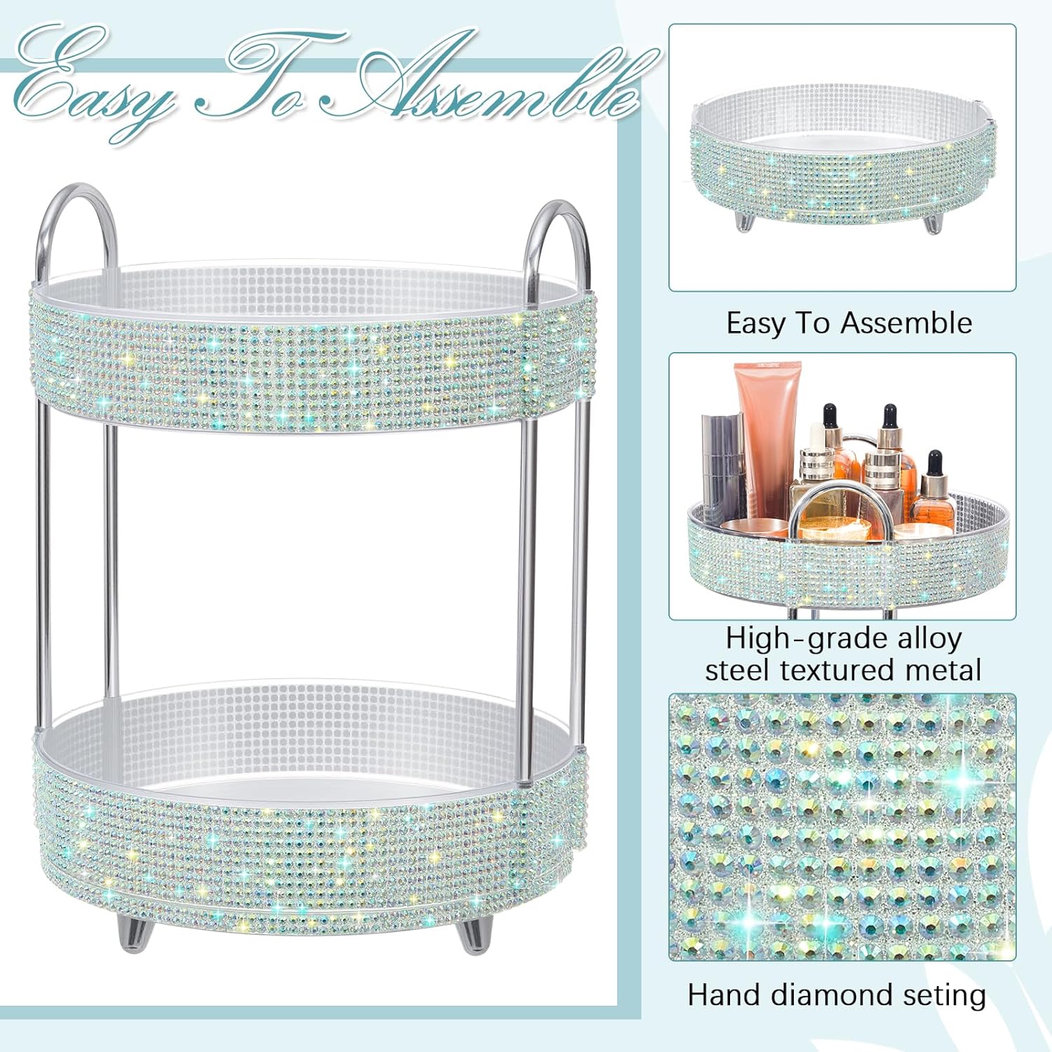 Honeydak 360 Rotating Perfume Organizer Rhinestone Bathroom Counter Organizer Makeup Holder with 2 Tiers Skincare and Perfume Storage, Large Capacity Vanity Storage for Cosmetic Countertop Decor - Image 3