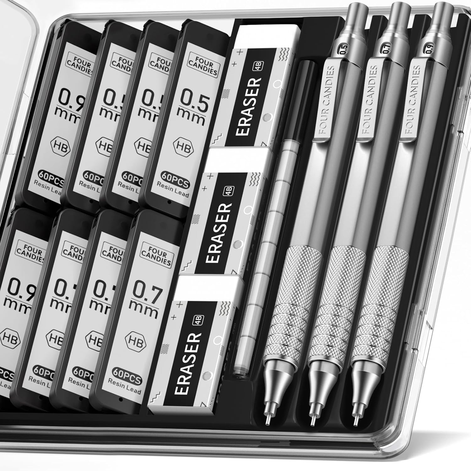 Four Candies Metal Mechanical Pencil Set, 3PCS Artist Lead Pencil 0.5mm &amp; 0.7mm &amp; 0.9mm with 480PCS HB Lead Refills, 3 Erasers, 9 Eraser Refills For Engineer Art Writing Drawing Drafting, Silver