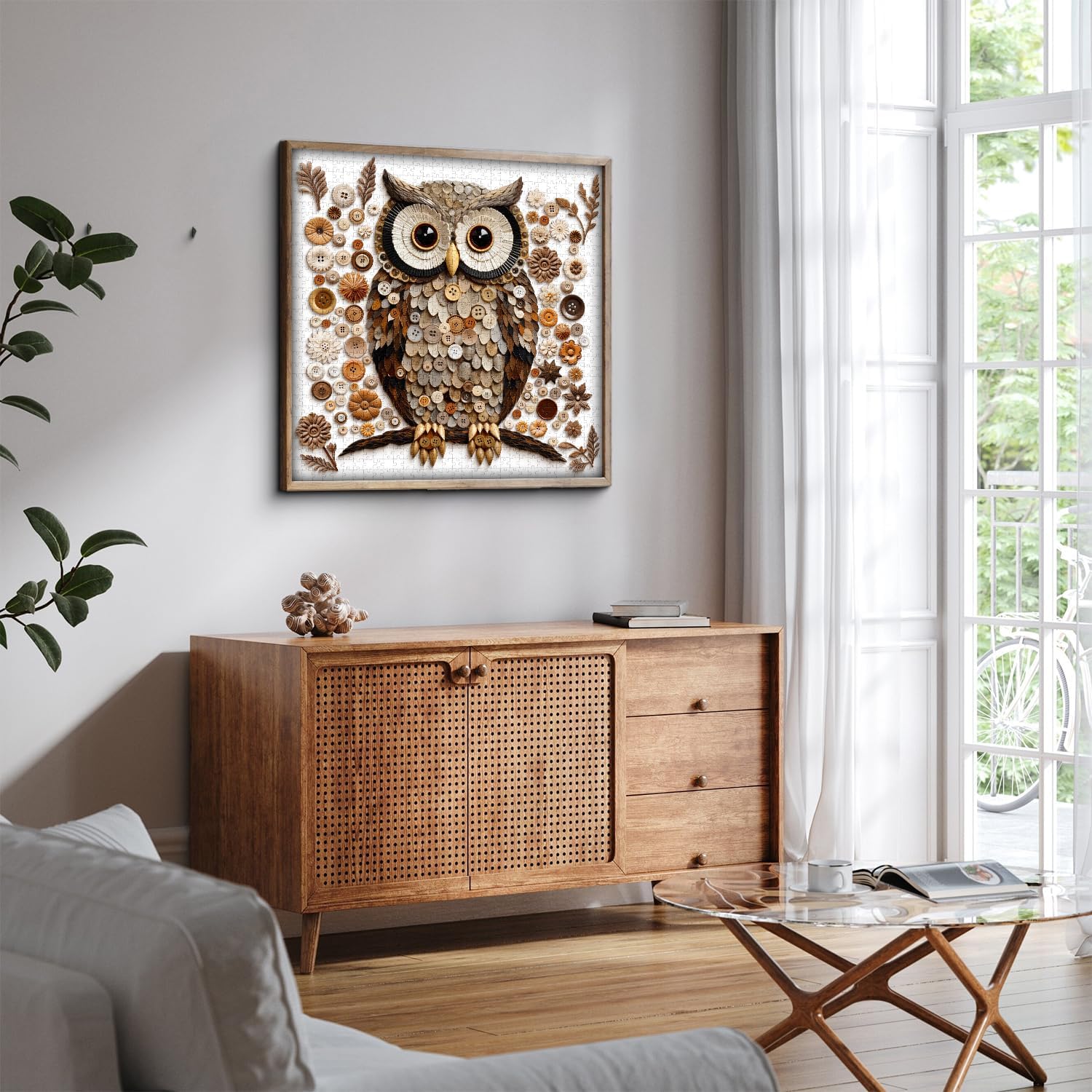 Button Owl Puzzles for Adults 1000 Pieces, Nature Forest Bird Jigsaw Puzzles, Vintage Animal Art Puzzle as Owl Decor