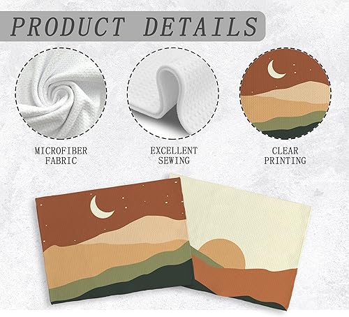 Miniatura 6 de Juego de 2 toallas de cocina y paños de cocina abstractos bohemios con sol, luna, montaña, amanecer y noche estrellada, paisaje, toallas de cocina y