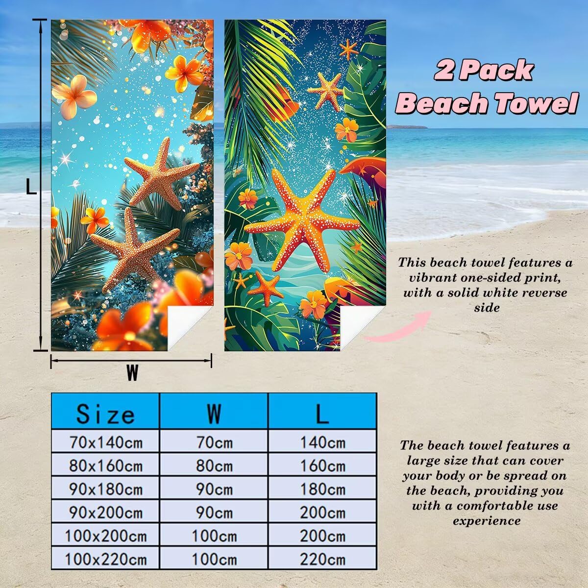 Toalla Playa 100x220 cm, Toalla Gimnasio Microfibra Secado Rapido, Juego de 2 Antiarena Toallas de Playa, Ligera Compacta Toallas Microfibra Grande, Regalo Hombre Regalo Mujer (Estrella de mar) -4973