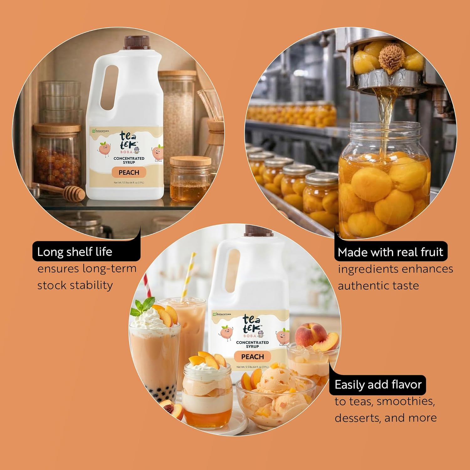 Tea Tek 64 Fluid Ounce Peach Concentrated Syrup Bottle 1 Count Peach Flavor Syrup Bottle - Tasty Drink, Edible Mix, For Cocktails, Smoothies, Frozen Yogurt, And Blended Beverages