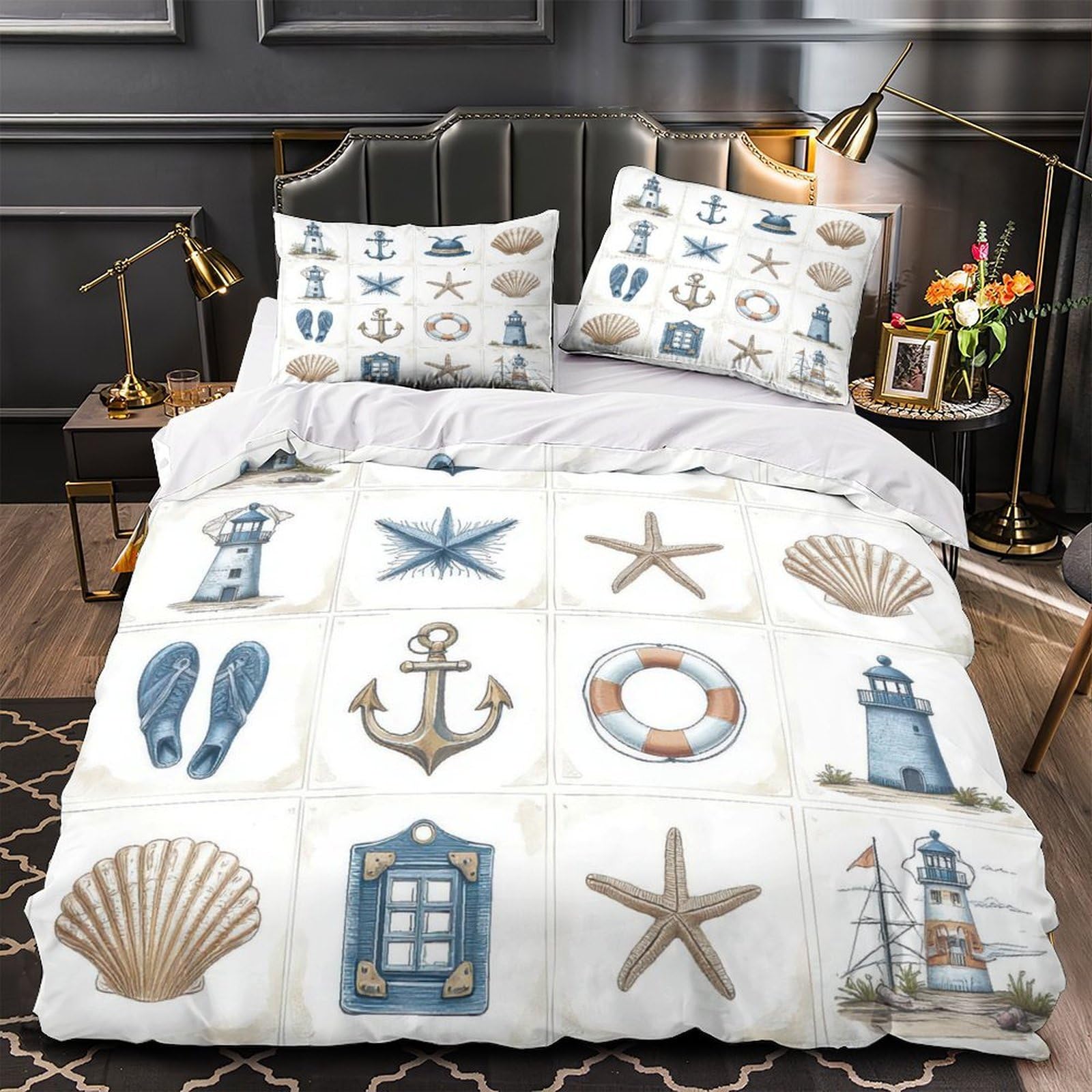Housse de couette ancre nautique 260x220 parure de lit microfibre grand lit adulte 3D