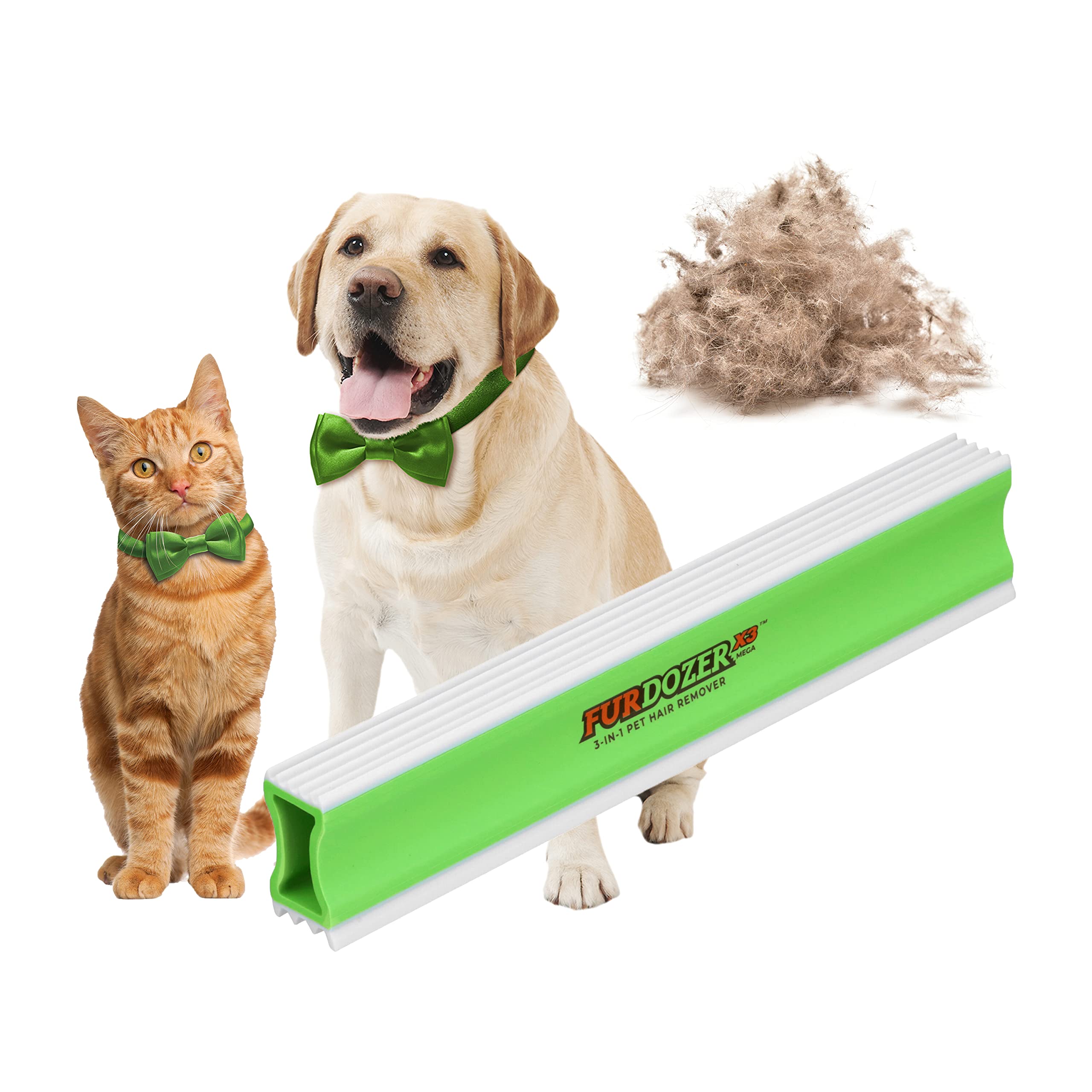 FurDozer Pet Hair Remover & Auto Detailing Tools - Cat & Dog Hair Remover for Carpets, Car Interiors, Couches, Bedding, & Pet Furniture (Green, X3 MEGA - 10" Long)