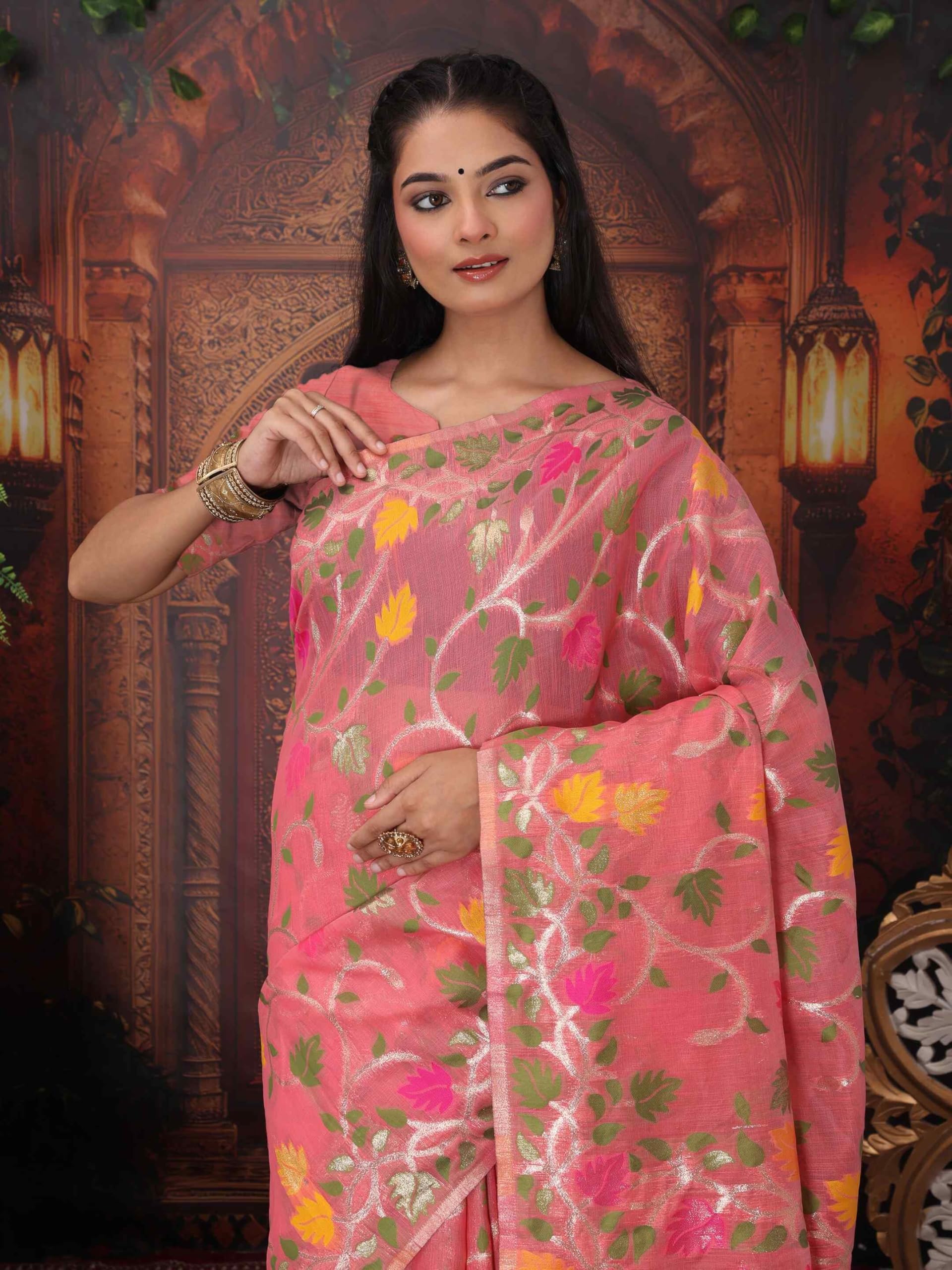 Shiv Textiles Women's Linen Cotton Woven Floral Printed Saree(AUS-ASGUL2004-TOMATO) 2