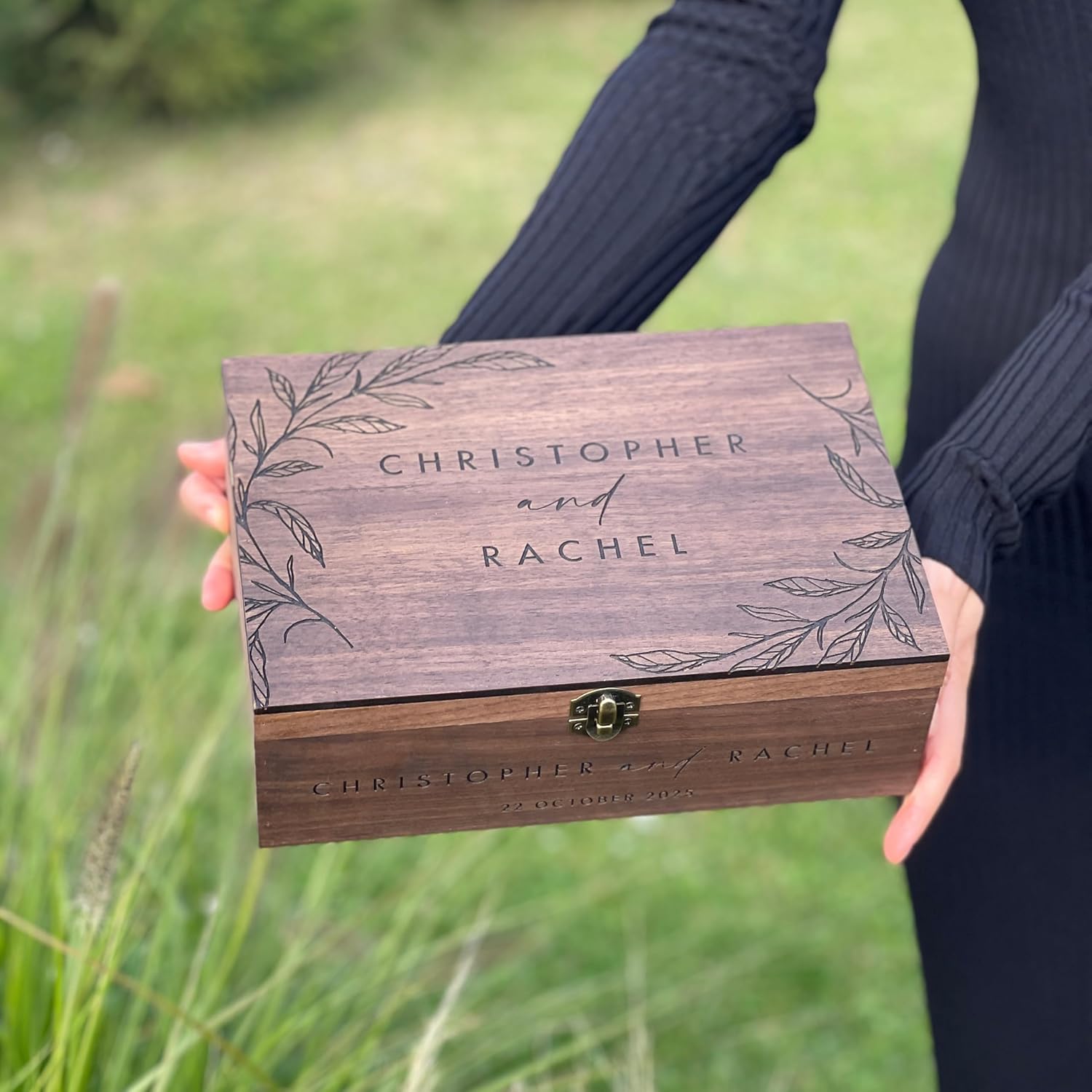 Wedding Card Box, Personalized Couple Gift - Custom Wooden, Memory, Keepsake Lock Box, Love letter box, Gift for Bride, Groom, Wedding Day, Him, Her, Boyfriend, Girlfriend, Anniversary (Walnut, L)