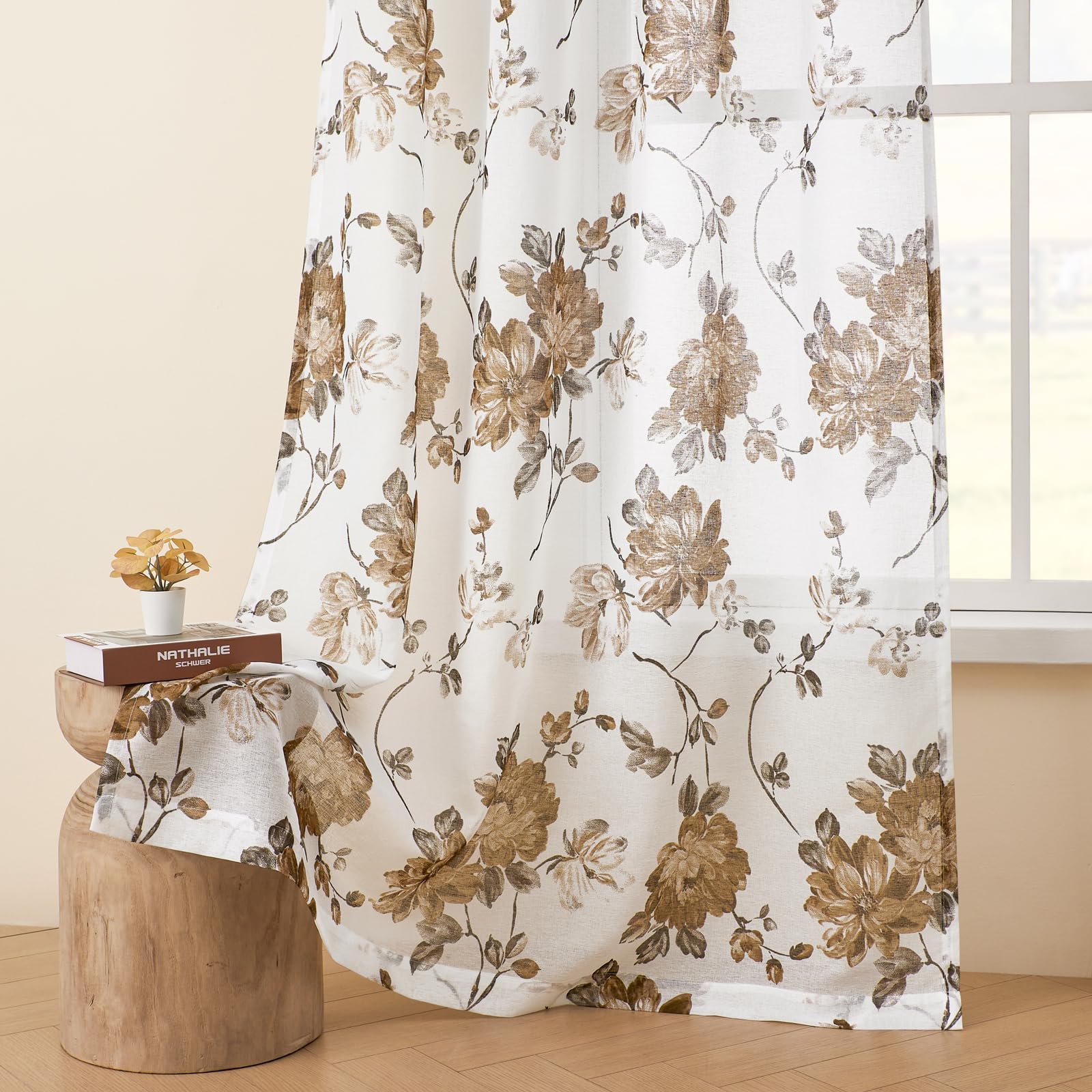 Vintage Floral Curtains for Living Room Bedroom Rod Pocket Semi Sheer Brown Flower Curtains 63 Inch Length 2 Panels set Light Filtering Window Drapes