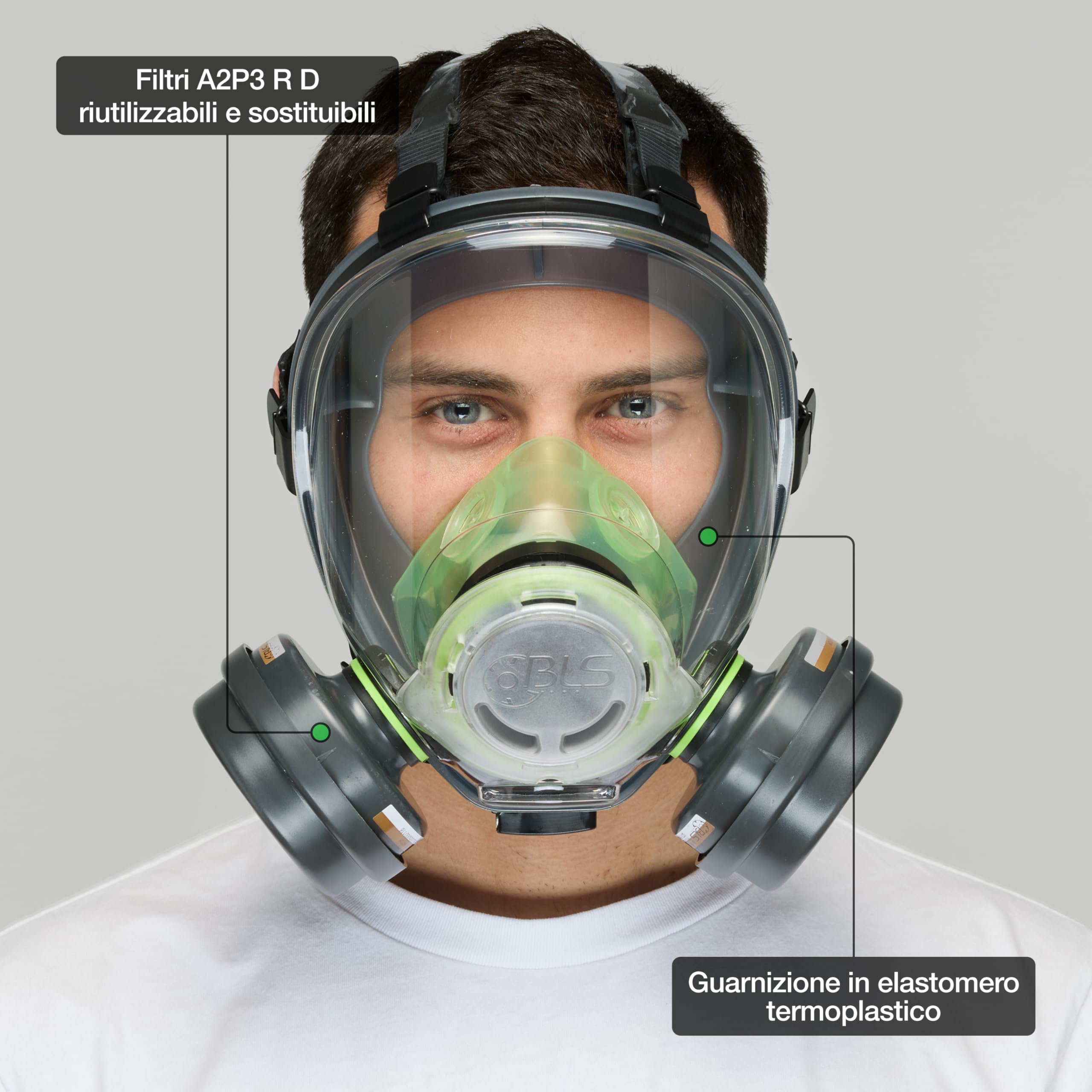 BLS 5600 con filtri 221 A2P3 R D Maschera Intera con Guarnizione in TPE e 2 Filtri Sostituibili 221 A2P3 con Attacco a Baionetta b-lock. Per Gas/Vapori, Polveri, Verniciatura, Stuccatura e Solventi