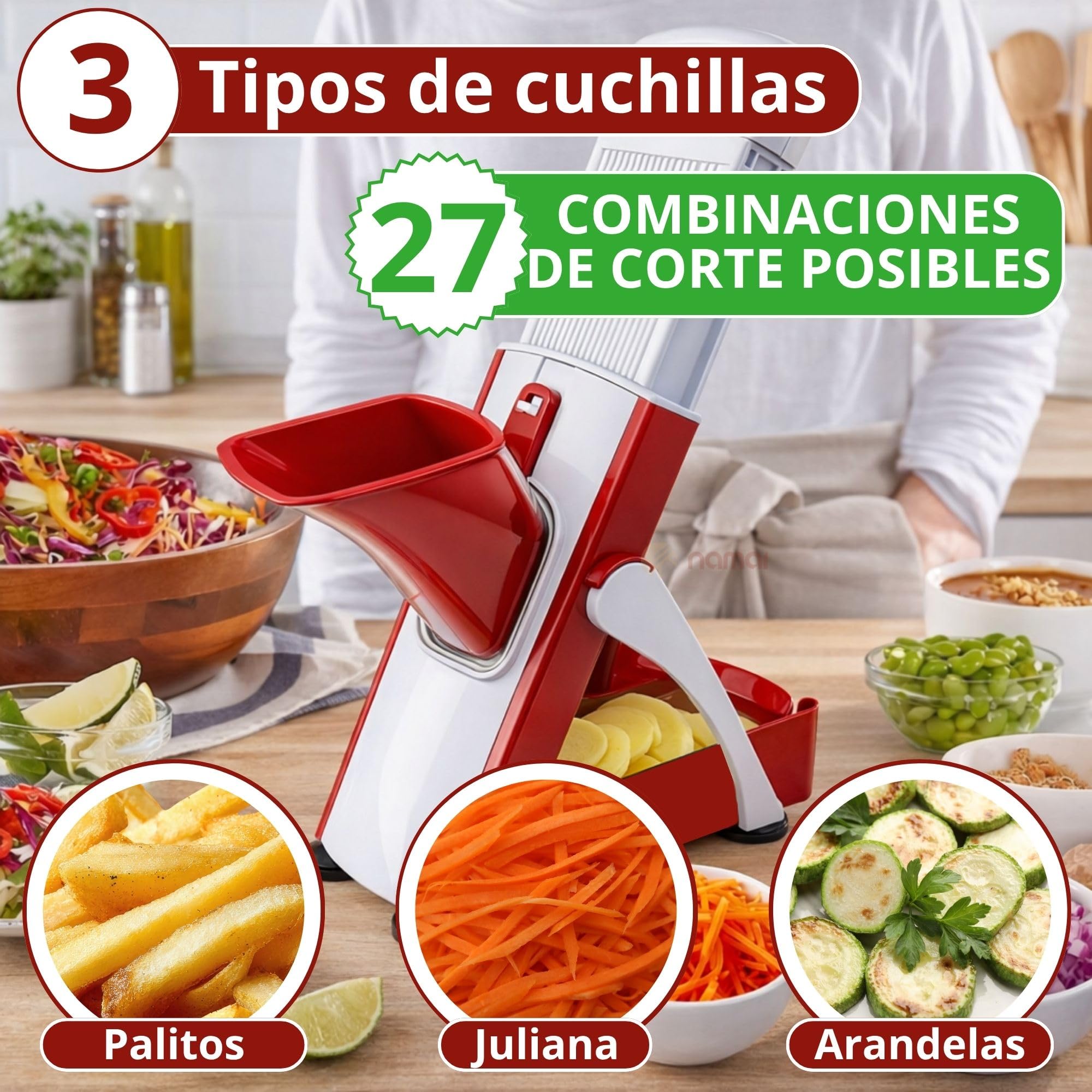 NAMAI - Mandolina de Cocina Profesional con 27 Combinaciones de Corte, Cuchillas de Acero Inoxidable Resistente, Apta Para el Lavavajillas, Cortadora de Verduras, Práctica y Segura