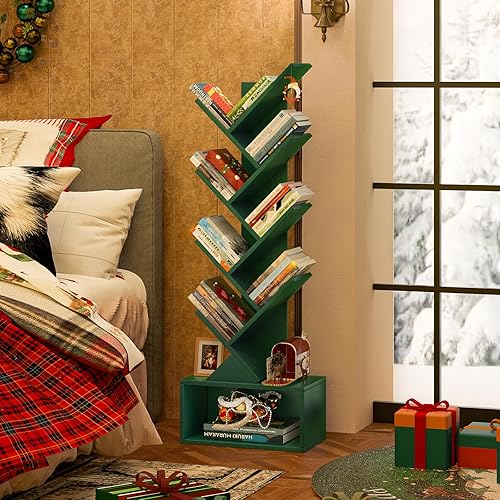 Miniatura 16 de Estantería pequeña con cajón, estantería de 4 niveles en forma de árbol en color negro, estantería de escritorio de madera, estanterías modernas de