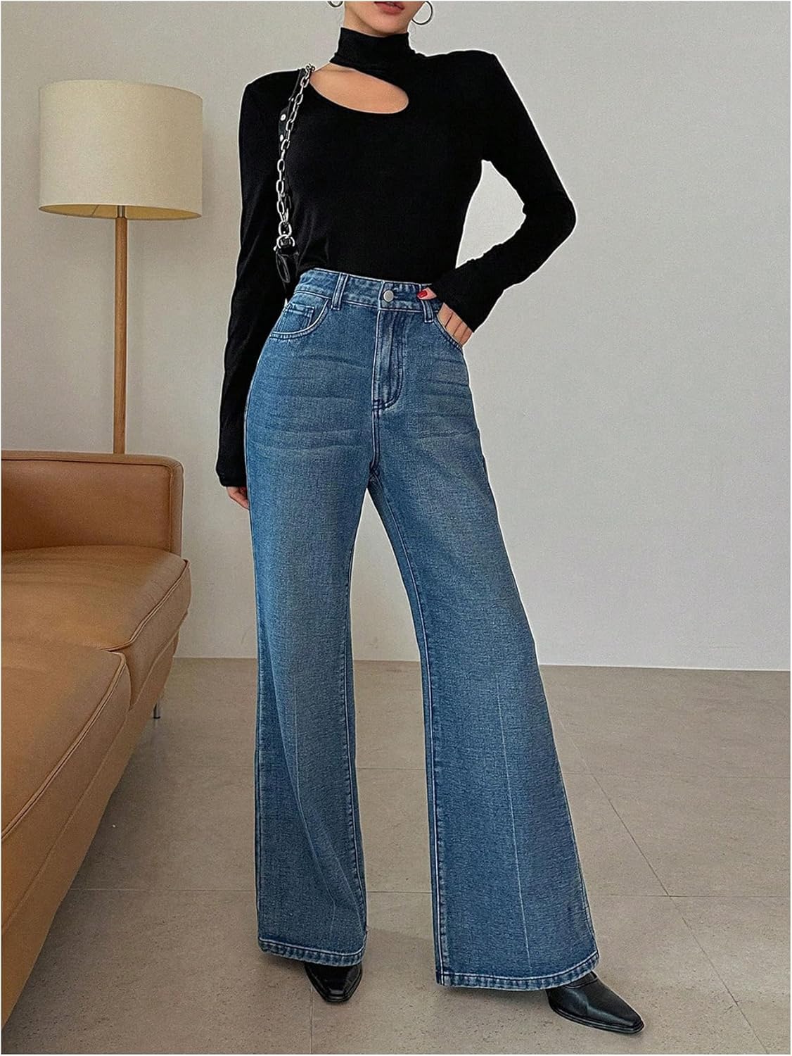 Floerns Women's Cut Out Asymmetrical Long Sleeve T Shirts Mock Neck Ribbed Tee Tops - Image 6