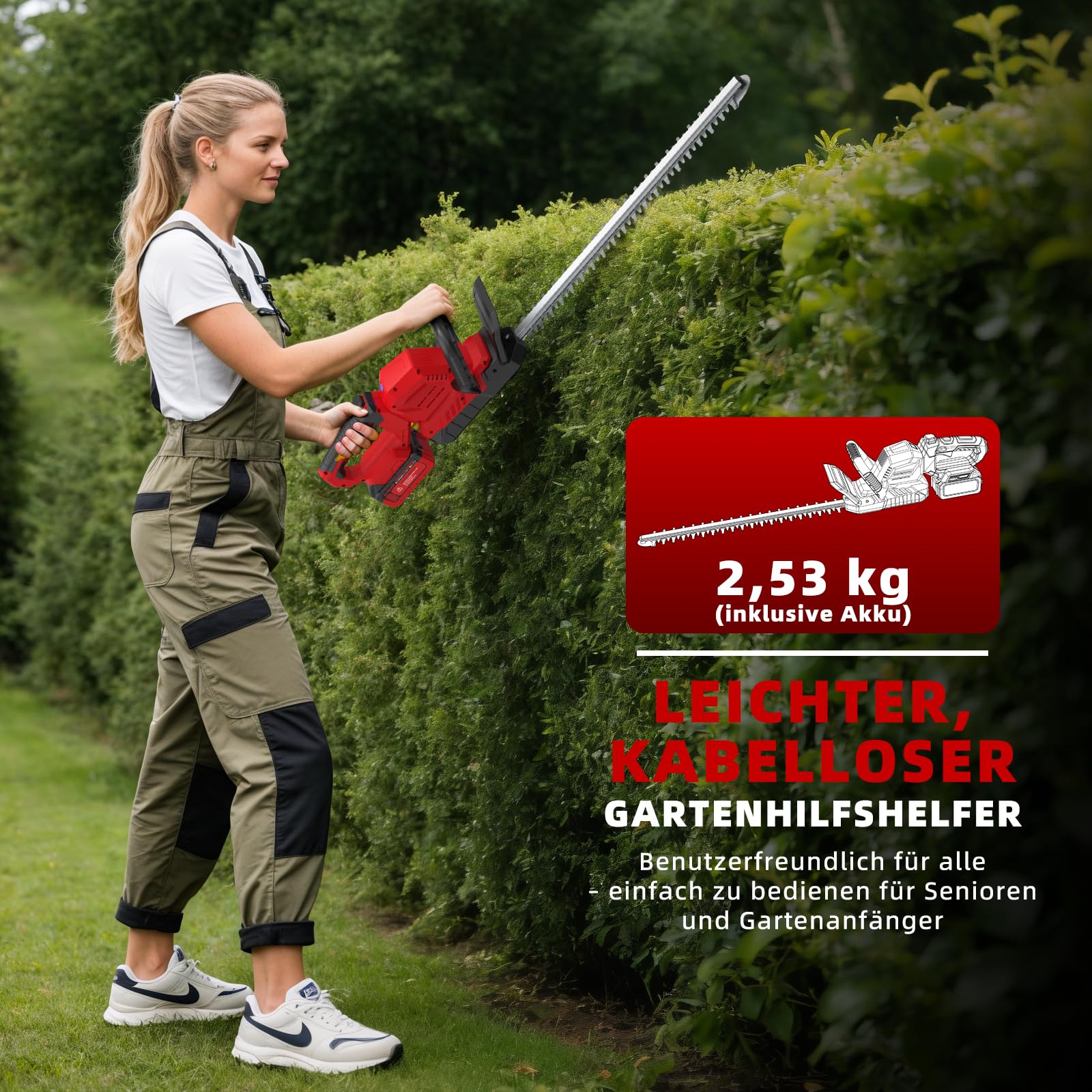 21V Heckenschere Akku 2x4.0Ah - Leichte Elektrische Heckenschere mit Akkus und Ladegerät, 53cm Dual Action Klinge, 16mm Zahnabstand, 180° Drehbarer Griff, Heckenschneider für Sträucher