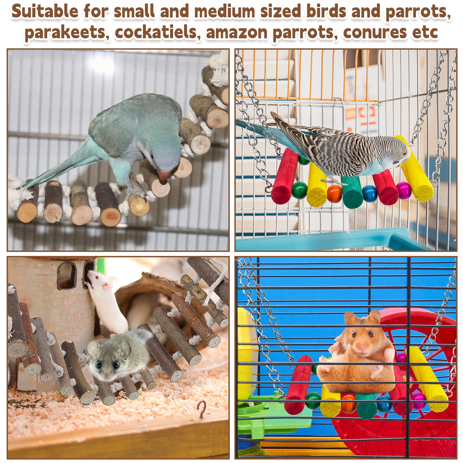 PINVNBY Bird Parakeet Toys, Bird Rope Ladder Swing Hammock Toys, Made of Natural Wood and Rope, Parakeet Cage Accessories for Parrot Budgie Conure Cockatiel (2 PCS) - image 6