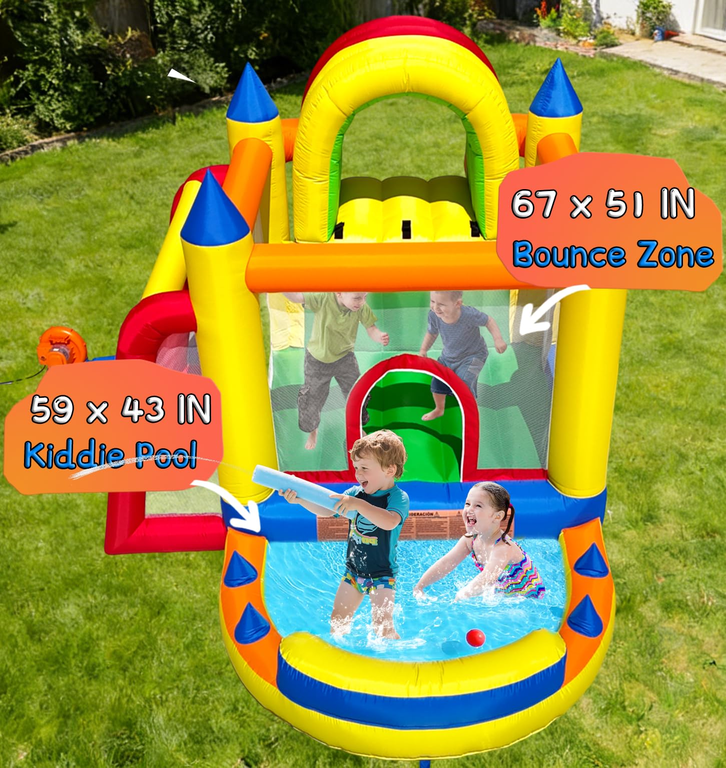 Hongcoral Inflatable Bounce House with Wide Slide, Splash Pool/Ballpit, Secret Crawl Tunnel & Soccer Goal, Multi-Activity Jumping Castle for Toddlers & Big Kids, Outdoor Backyard Playground - 3