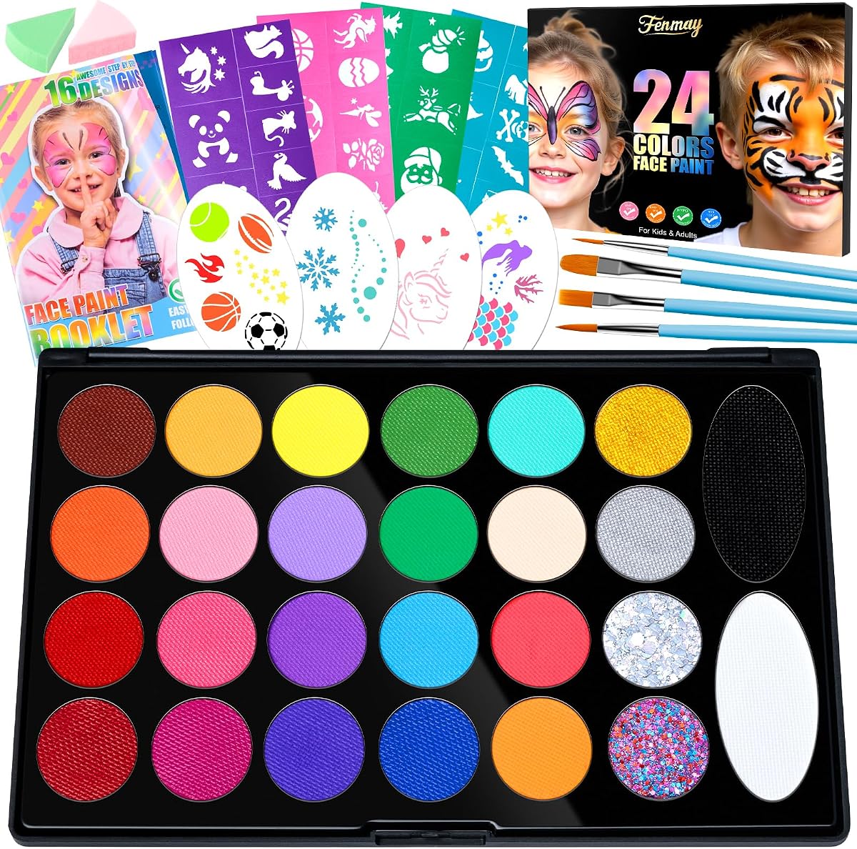 Fenmay Face Painting Kit for Kids, Non-Toxic and Hypoallergenic Face Paint Makeup Kit| with Stencils, Book, Easy to Use and Safe for Kids, Fun for Halloween, Birthday Party, School Event