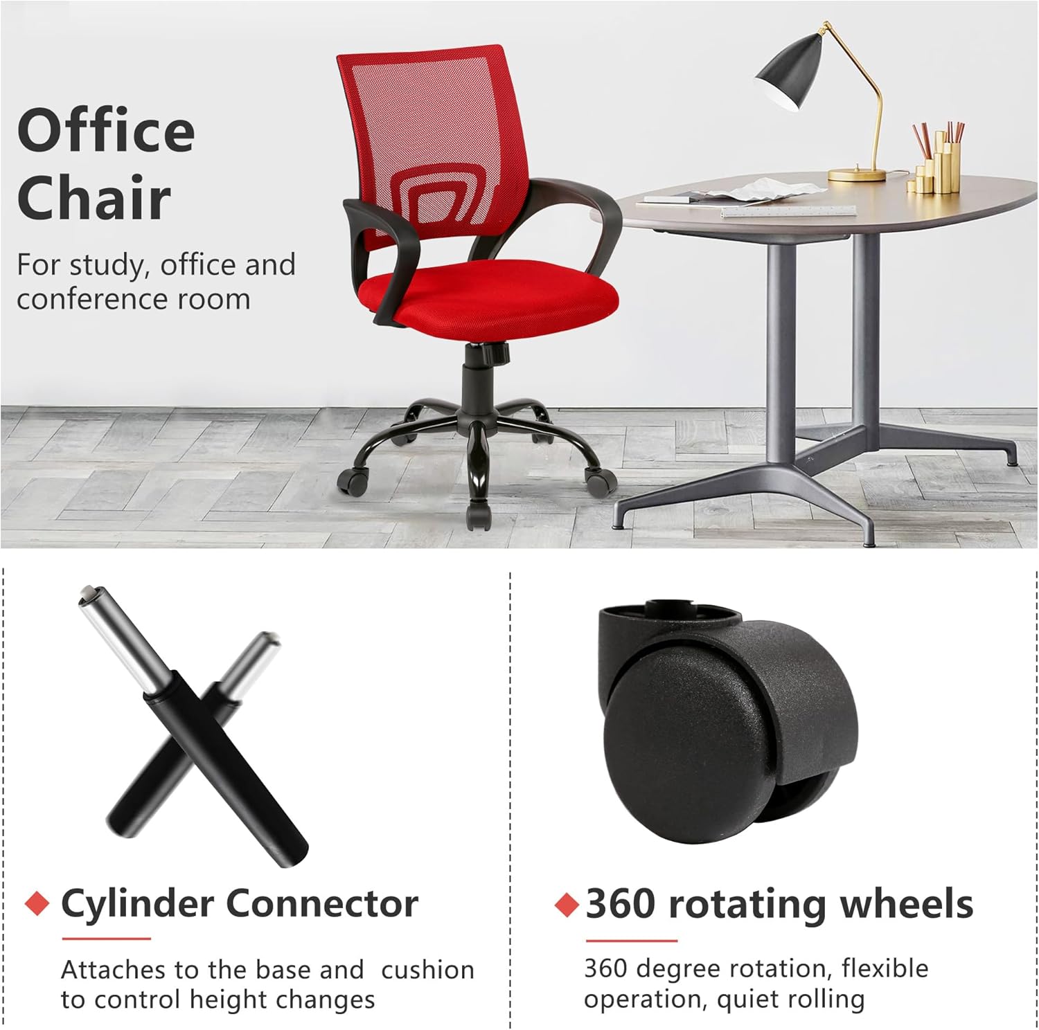 Office Chair components: Cylinder Connector and 360 rotating wheels