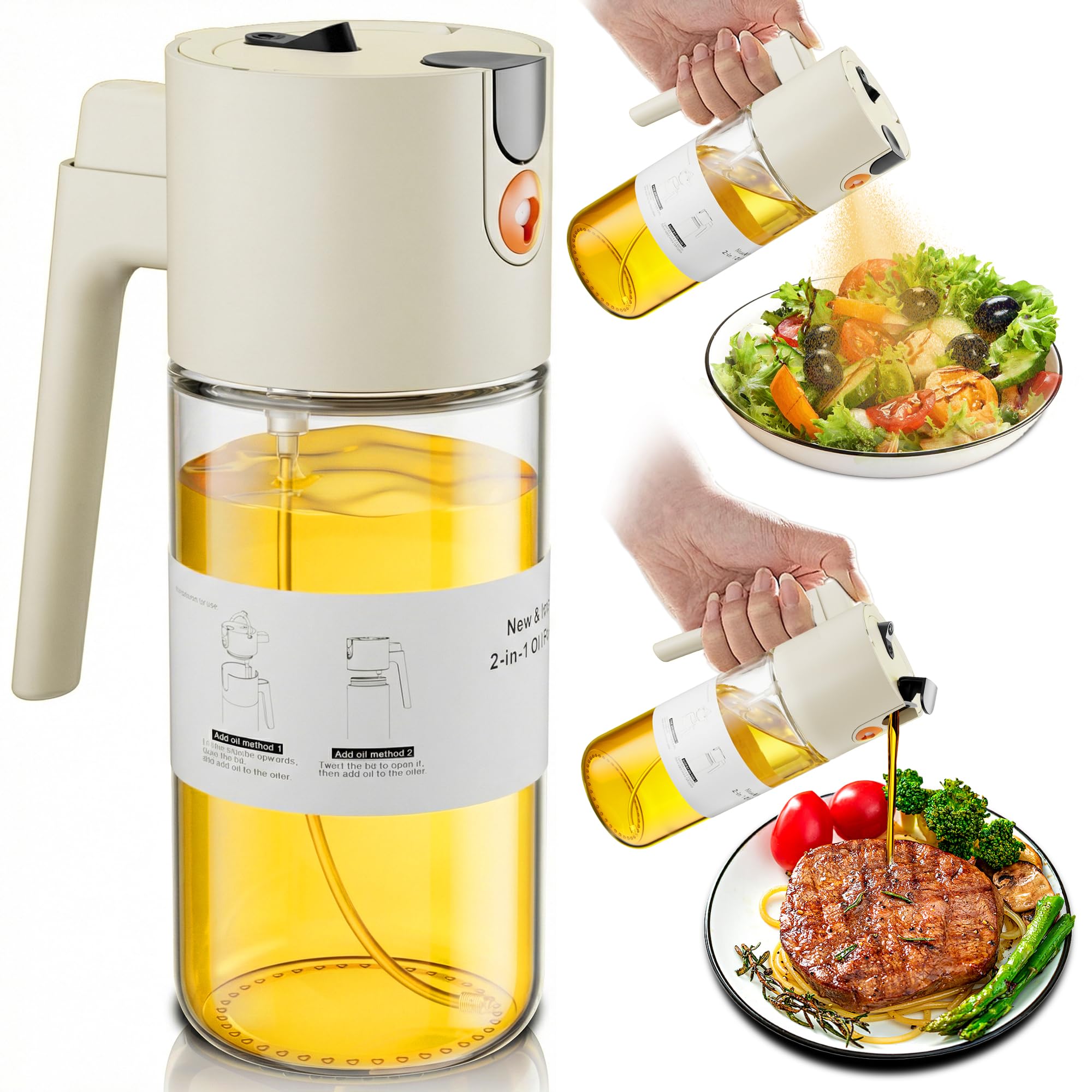 LAKUMIQI Ölsprüher zum Kochen mit auslaufsicherer Dichtung, One-Touch-Nebel, 600 ml Küchenölspenderflasche für Luftfritteuse, Grillen, Backen, Salat (weiß)