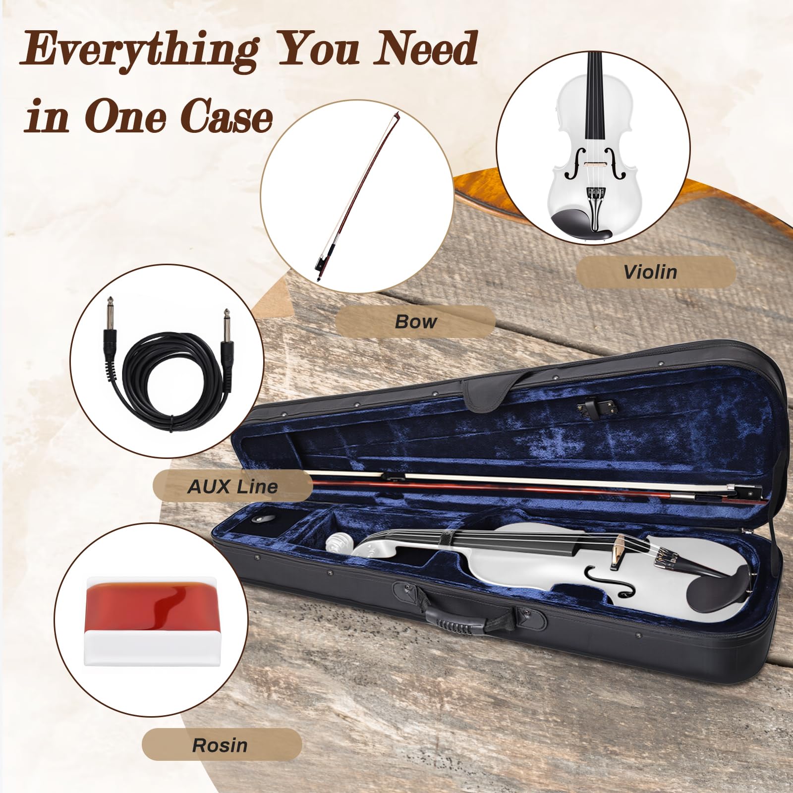 Violino elettrico/acustico con accessori in ebano con custodia per il trasporto, archetto per violino, ponte, colofonia, spalliera, adesivi, accordatore, istruzioni, artigianato con acero, abete rosso