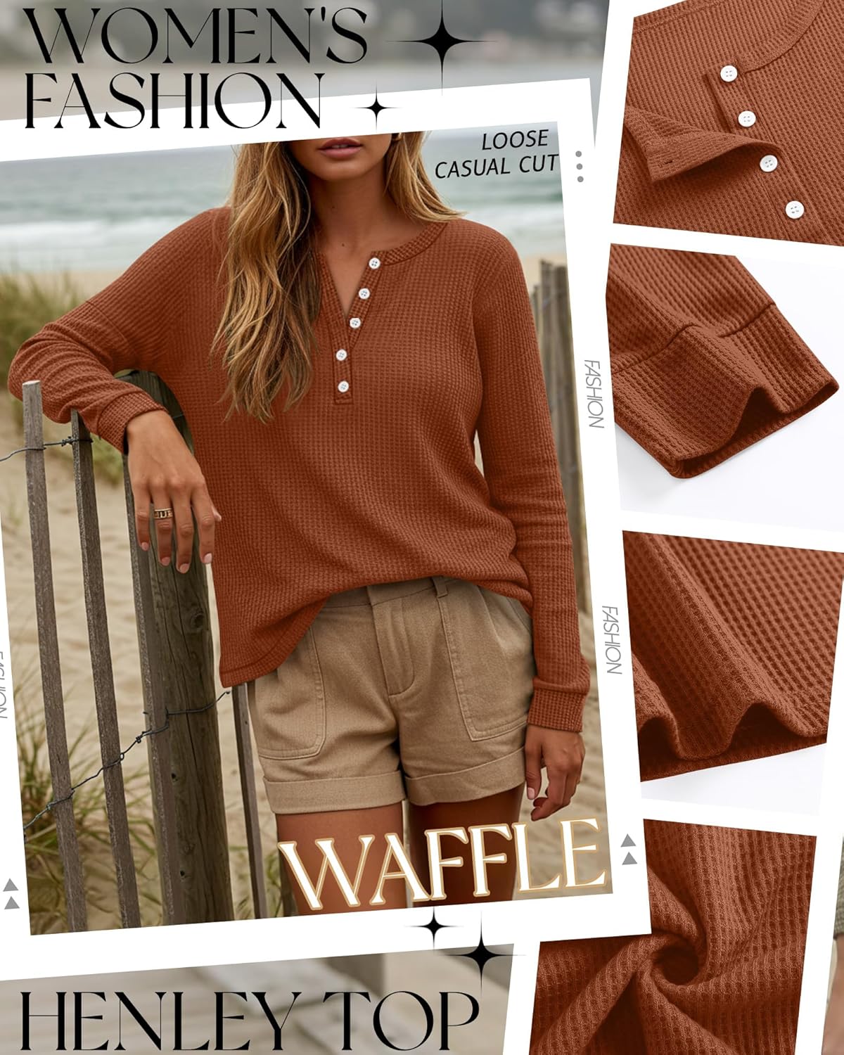 3 Pack Women's Oversized Waffle Knit Shirts Long Sleeve Henley V Neck Tops Button up Loose Casual Pullover Sweater - Image 5