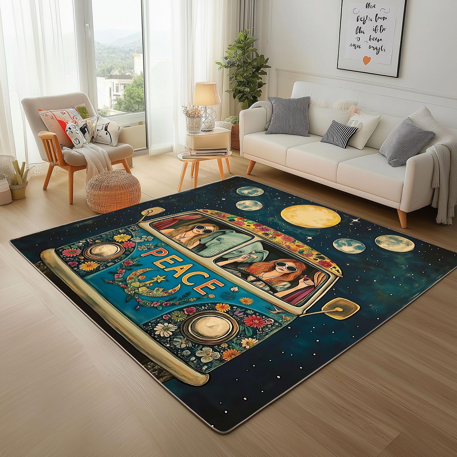Tapis de salon 140x200cm doux au motif artistique de camionnette lune et fleurs vintage