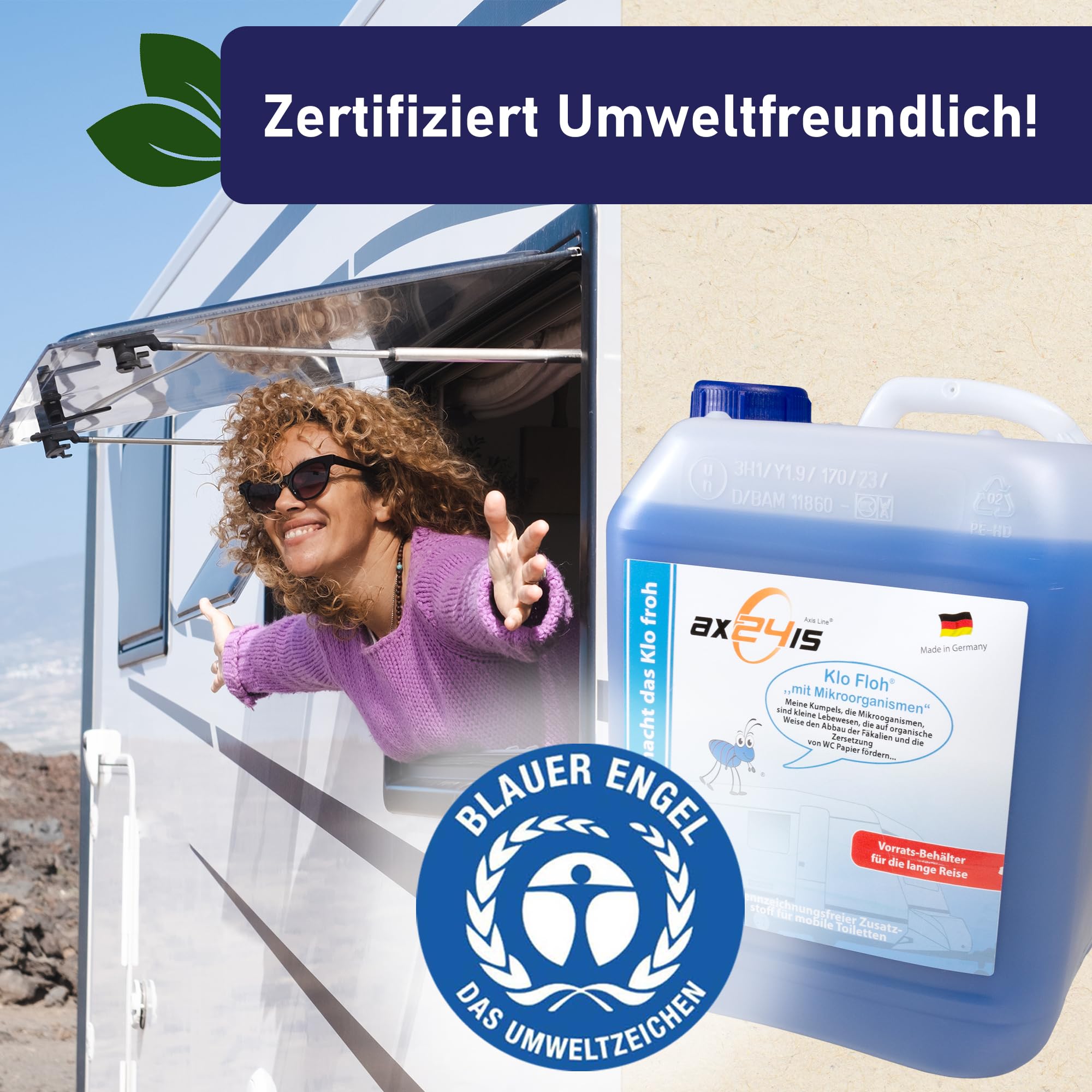 5L Sanitärflüssigkeit Klo Floh für Campingtoilette & Chemie-WC - Bio | Biologisch abbaubarer Camping-WC-Zusatz mit Blauem Engel - Ideal für Kassettentoiletten mit Mikroorganismen die alles fressen