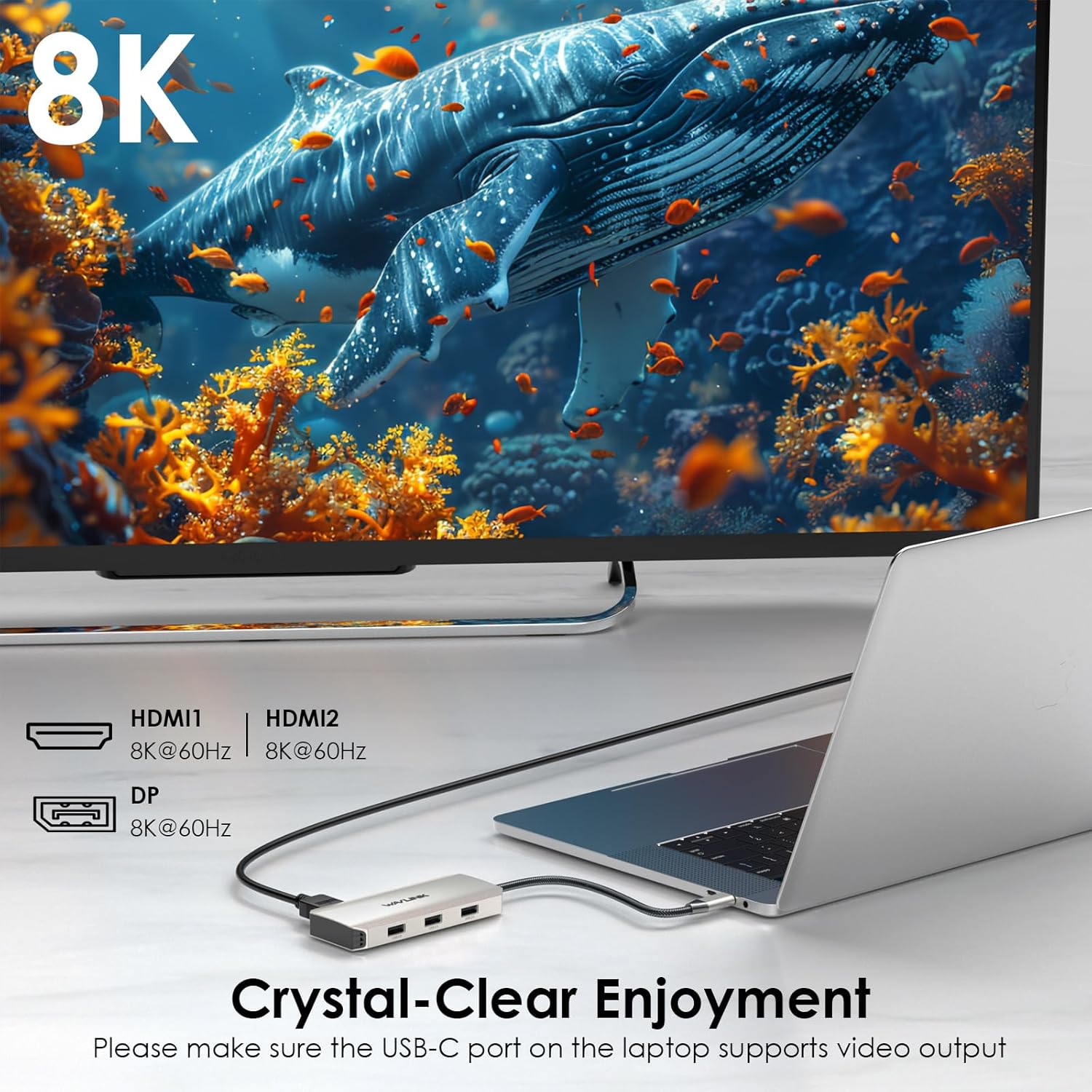 Laptop connected to a single 8K monitor via WAVLINK UMD308