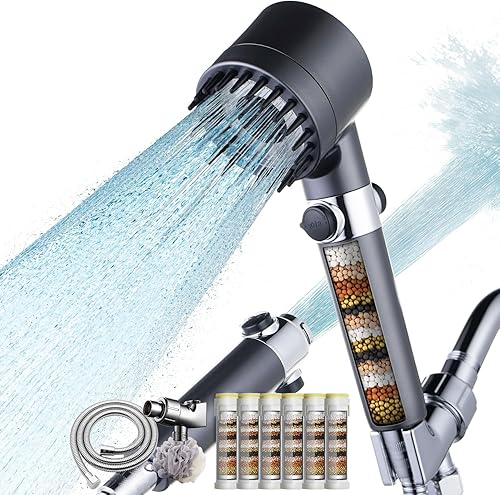 Cabezal de ducha filtrado con cabezal de ducha de mano de alta presión de 4 pulverizadores con filtros para agua dura, elimina el cloro, interruptor