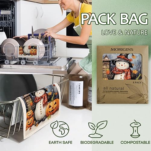 Morigins Paños de cocina suecos de muñeco de nieve de Halloween, reutilizables, sostenibles y biodegradables, esponja de celulosa, paños de limpieza