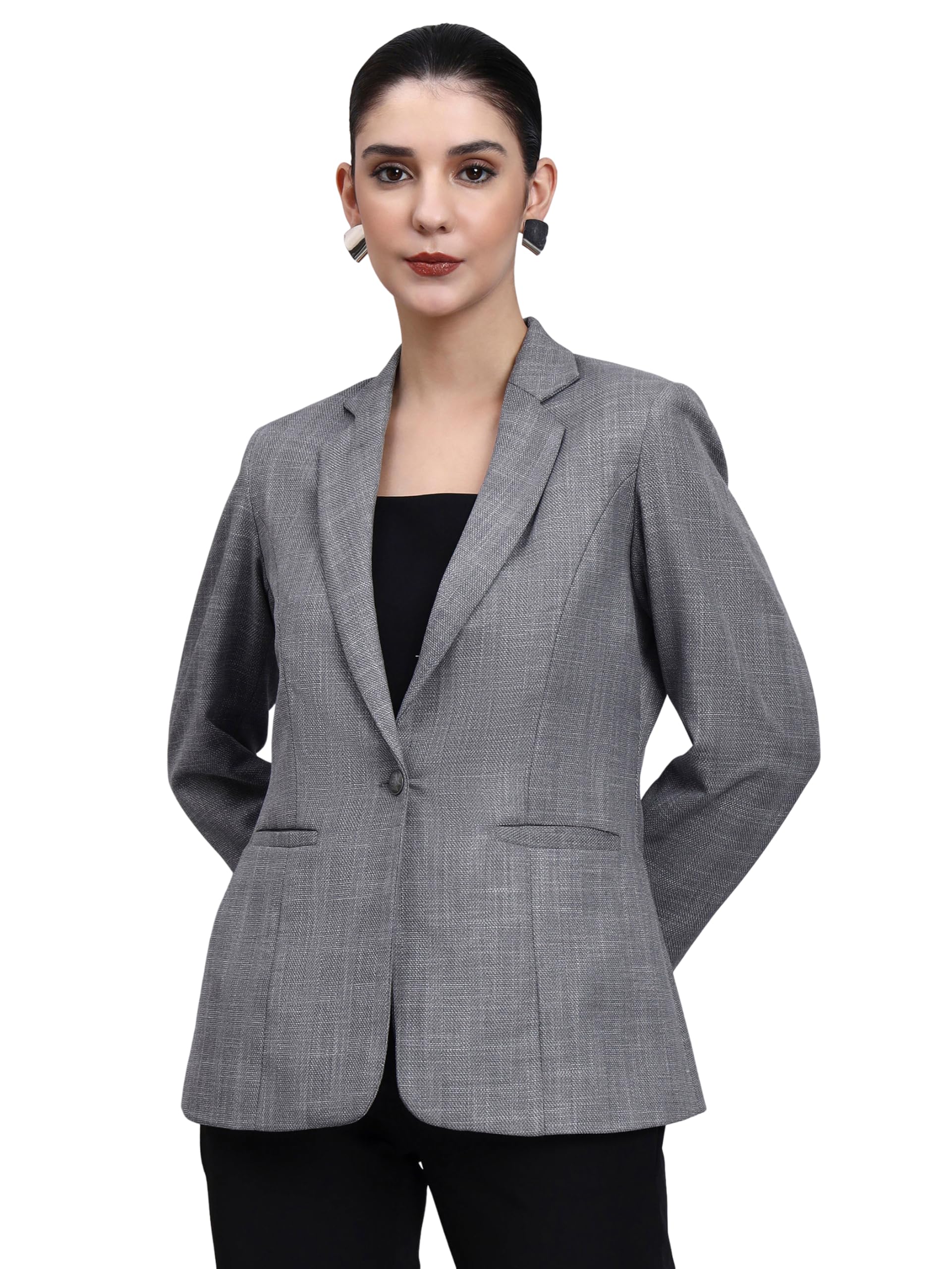Tailored Grey Blazer with Oxidized Button | Textured Polyviscose Notch Collar Blazer for Women | Formal Blazer for Women Office Coat Stylish with Wallet Pockets and Soft Lining-image-11