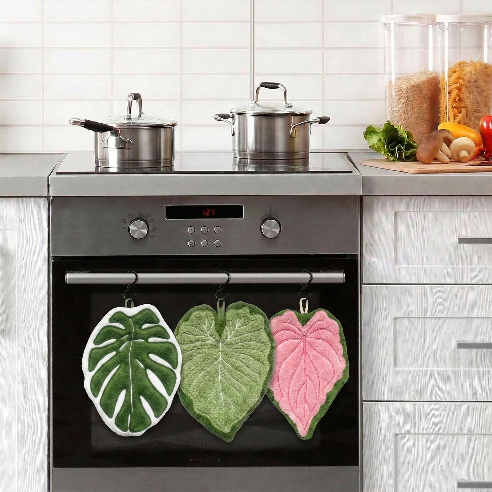 Sisher 3 Pack Leaf Shaped Hanging Kitchen Towels with S Hanging Loop,Cute Coral Fleece Tropical Plant Hand Towel, Absorbent, Quick-Drying, and Lint-Free,for Bath/Kitchen/Living Room(Green+Pink+White) - 5