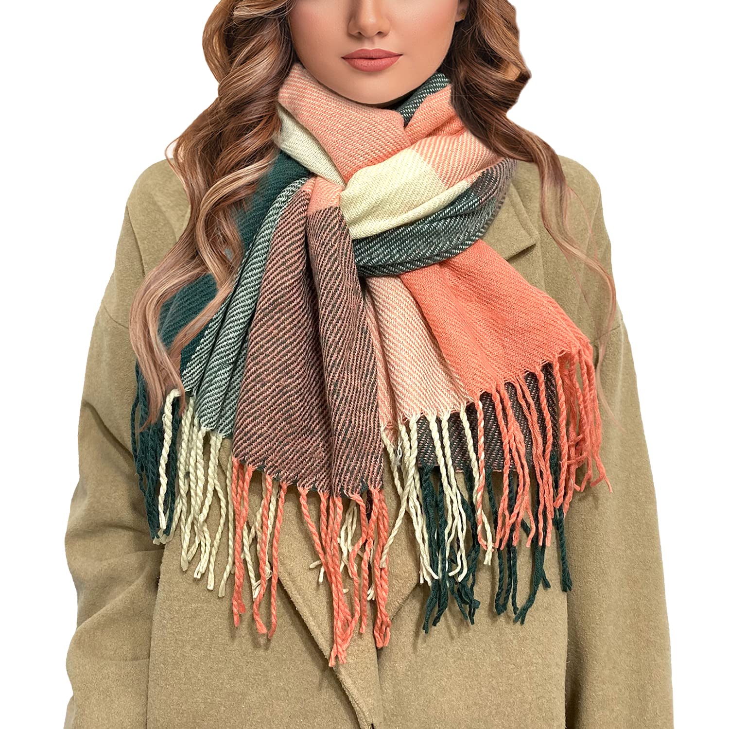 Outrip Women's Pink-Green Big Grid Winter Warm Lattice Large Scarf Stylish Plaid Blanket Long Shawl Wrap (Pink-Green)