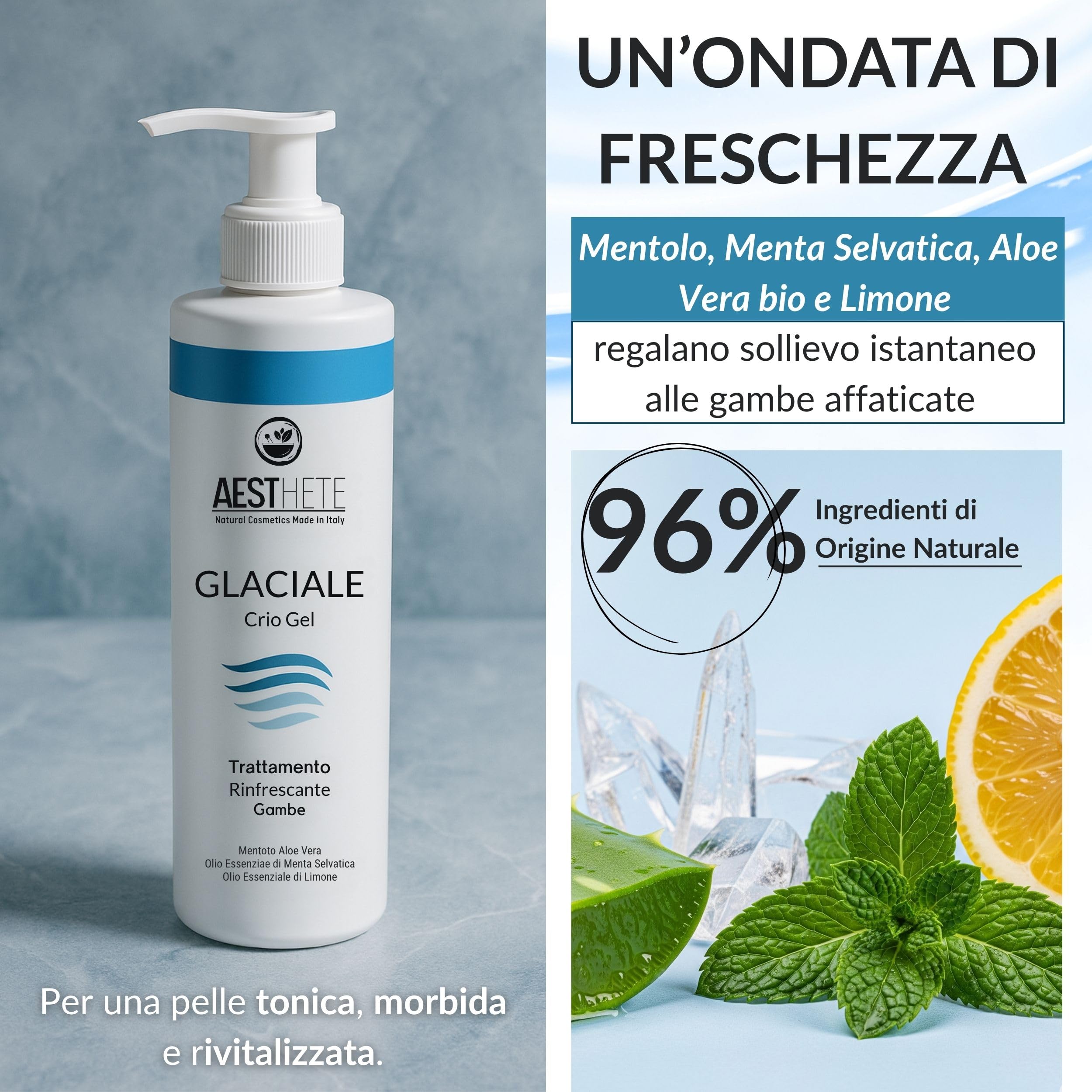 Crema Gambe Effetto Freddo Glaciale – Crio Gel Bio – Freschezza Intensa e Prolungata per Gambe Stanche, Gonfie e Pesanti Vene Varicose e Capillari Rotti – Tonificante e Defaticante Estivo 250ml