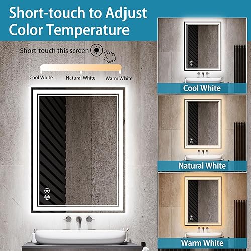 Miniatura 5 de Espejo LED de baño de 24 x 32 pulgadas, antiempañante, regulable, 3 colores, espejo LED frontal y retroiluminado para baño, espejo iluminado para