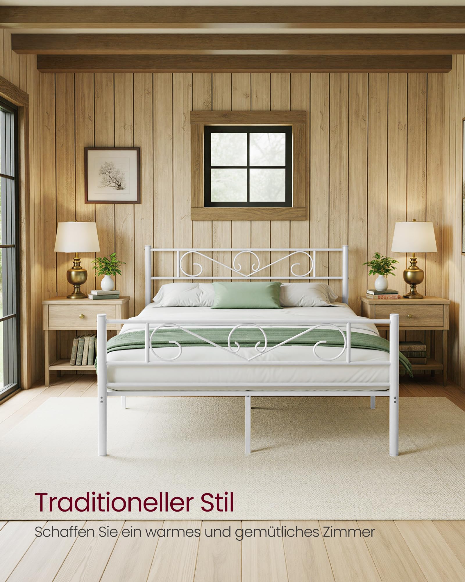 VASAGLE Bett 140 x 200 cm, Gästebett, Doppelbett aus Metall, Bettgestell, Bettrahmen, Metallbett, einfache Montage, mattweiß RMB064WG01