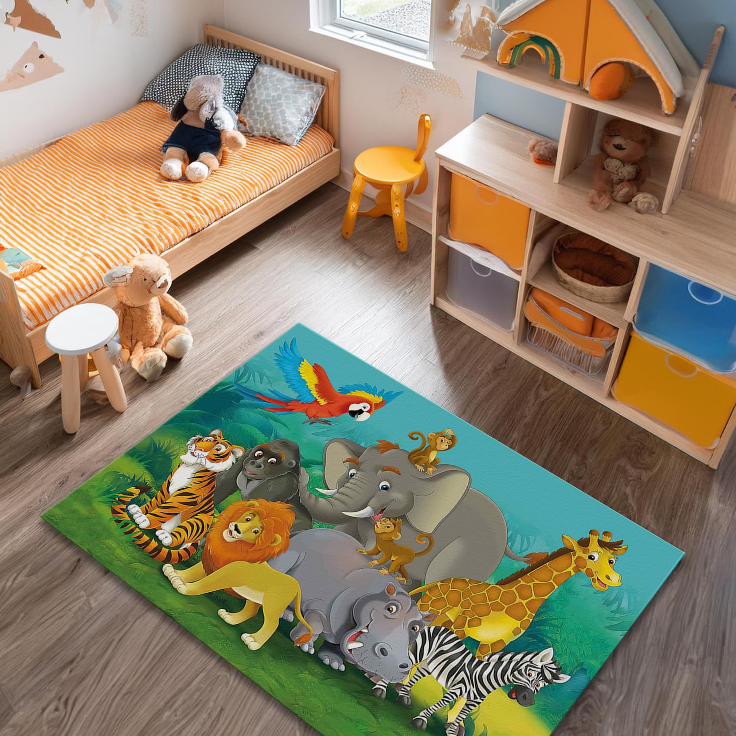 Dywan dżunglowy kolorowy kreskówka zwierzę dywan dla dzieci chłopców dziewcząt pokój tygrys zebra hipopotam lew małpa słoń żyrafa antypoślizgowa zmywalna mata dekoracja przedszkola (model 8, 60 x 90
