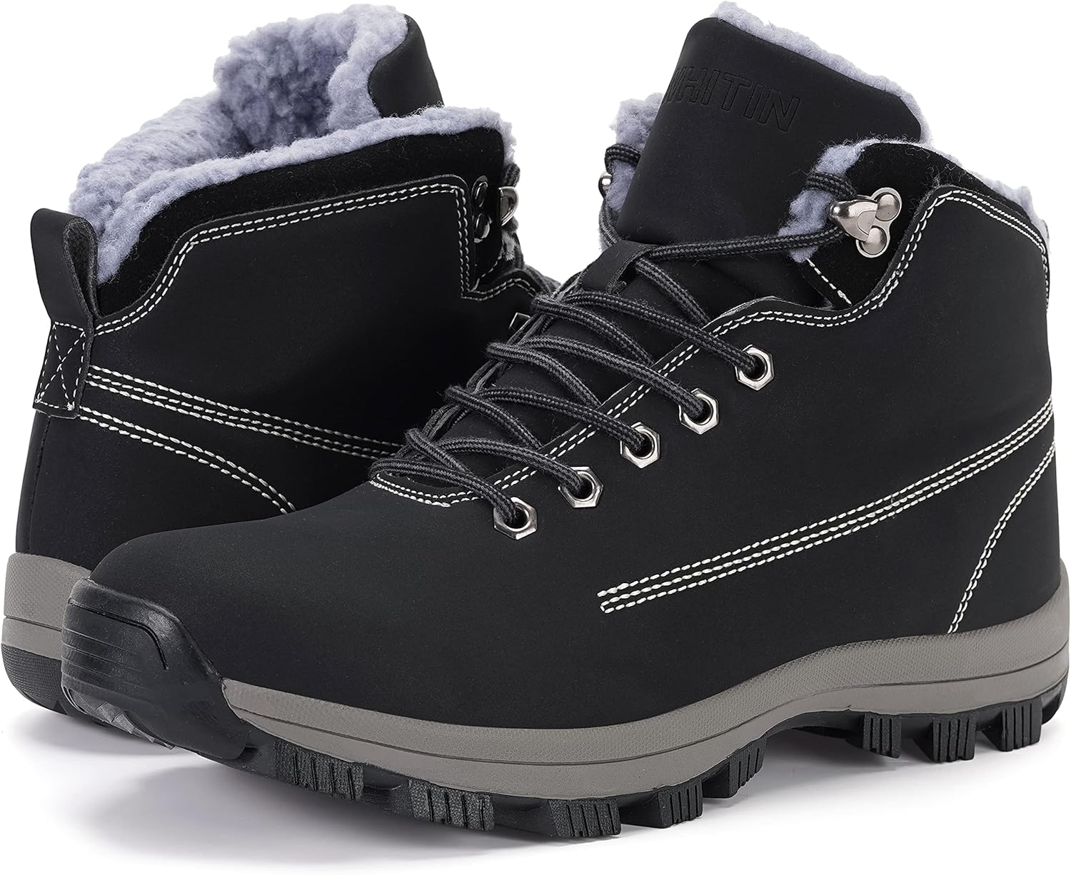 WHITIN Men's Waterproof Winter Shoes Snow Boots Outdoor for Cold Weather Warm Work Insulated Size 12 Fur Leather Hiking Mid Ankle Top Black 46