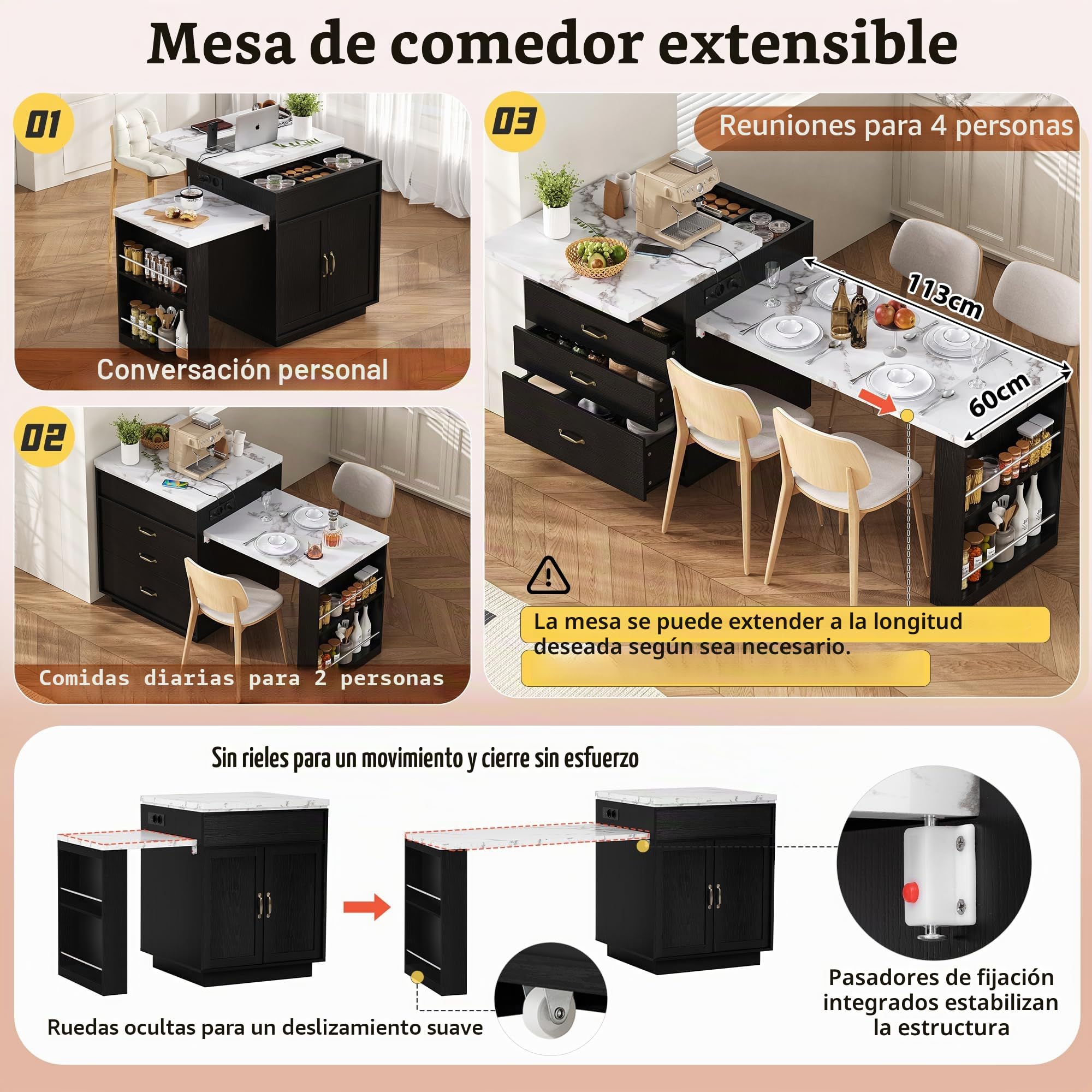 Isla de cocina, armario de cocina con ruedas, mesa de comedor extensible con iluminación LED, mesa de cocina con regletas, como aparador, mueble o mesa de bar para cocina, comedor (negro)