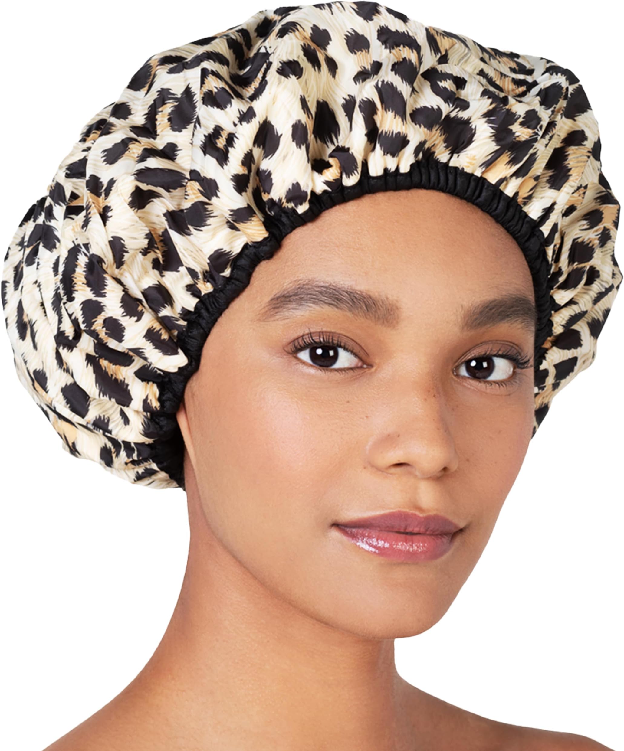 Reusable Nylon Bath & Shower Cap, Reversible Oversized Waterproof Shower Caps Large Designed for all Hair Lengths w Terry Lining & Elastic Band Stretch Hem Hair Hat - Socialite Safari Spots