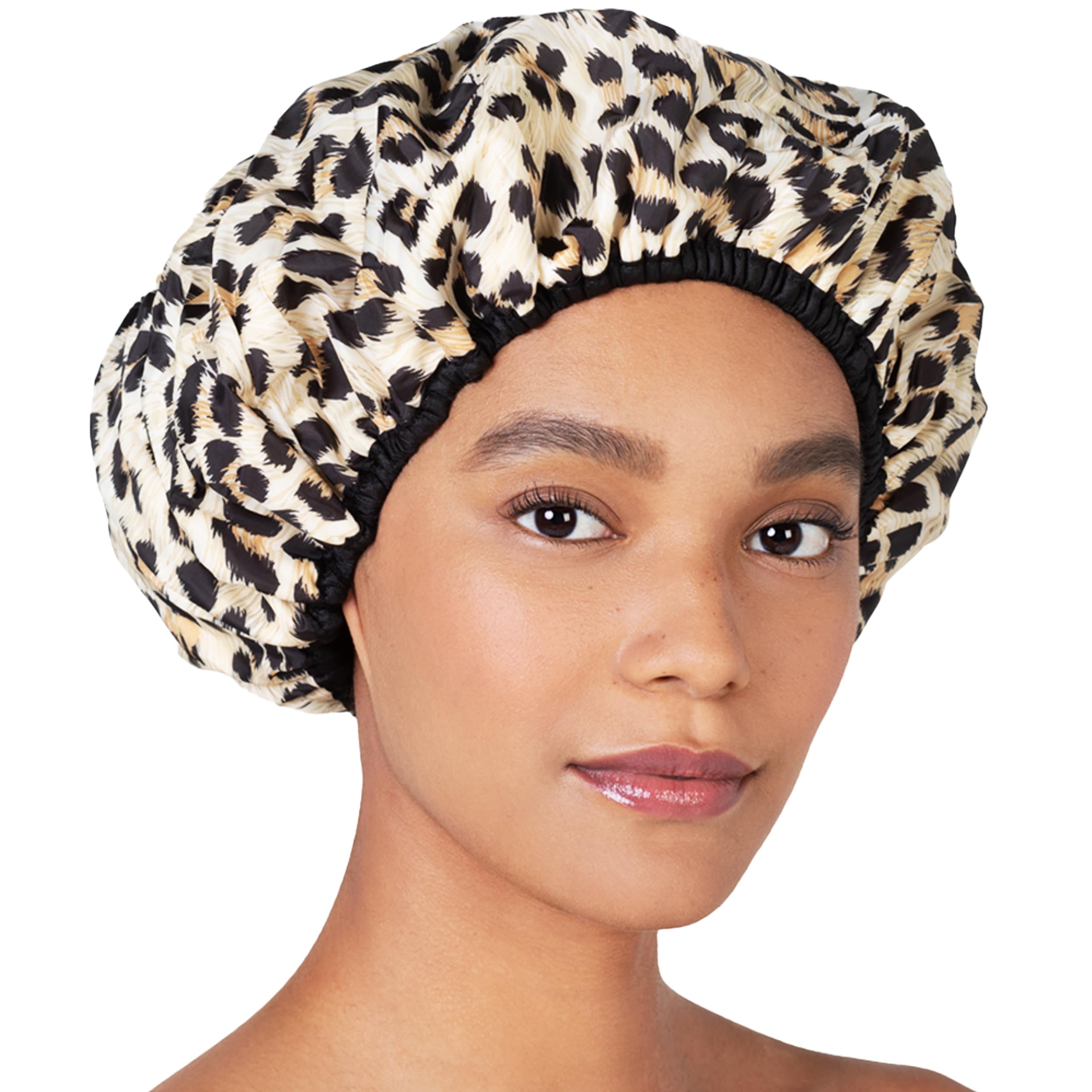 Betty Dain Reusable Nylon Bath & Shower Cap, Reversible Oversized Waterproof Shower Caps Large Designed for all Hair Lengths w Terry Lining & Elastic Band Stretch Hem Hair Hat - Socialite Safari Spots
