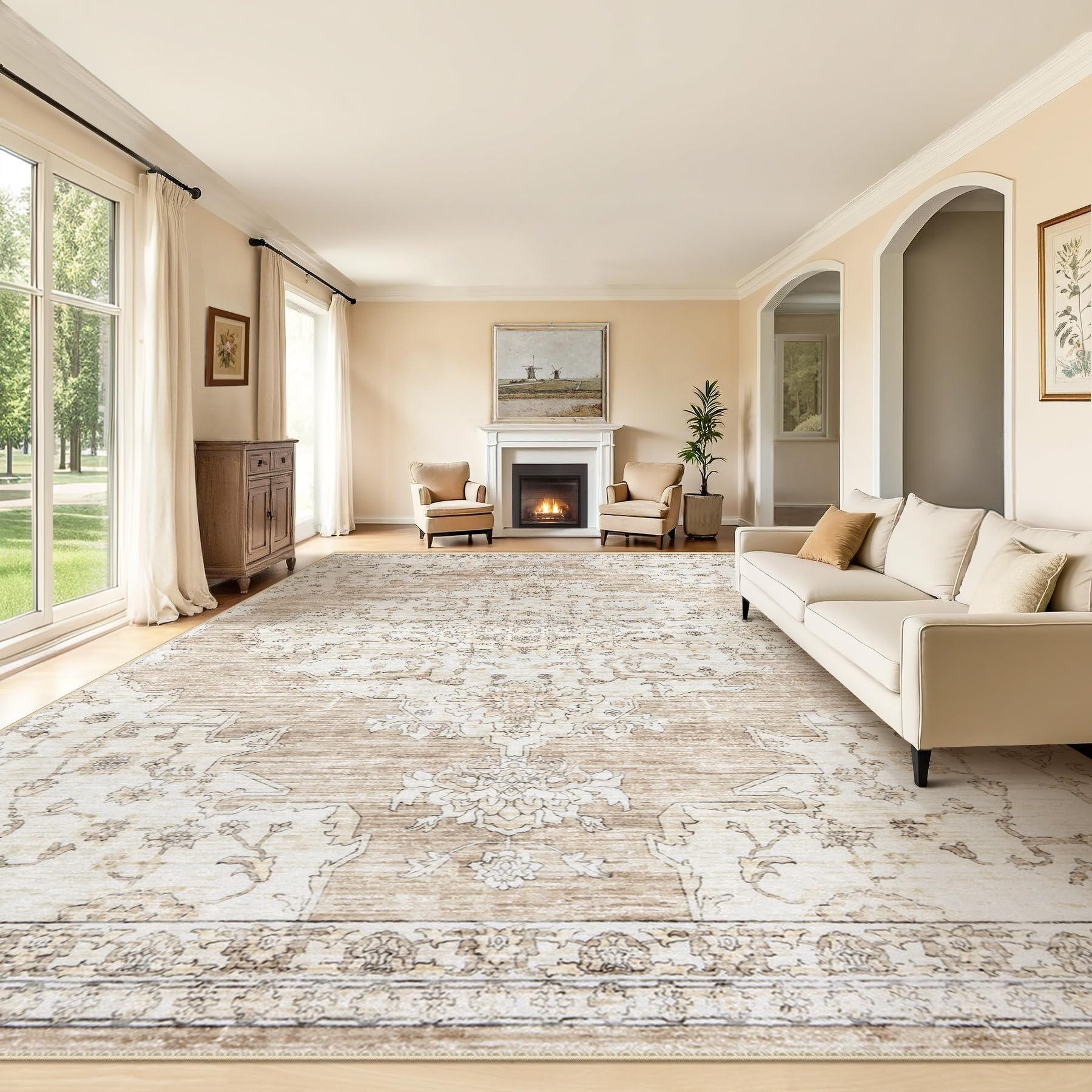Photo 1 of 10x14 Area Rugs Washable Rug: Large Vintage Living Room Rugs with Non-Slip Backing Low Pile Rug Soft Indoor Floor Carpet Non Shedding Neutral Carpet for Bedroom Dining Room Farmhouse Nursery Black