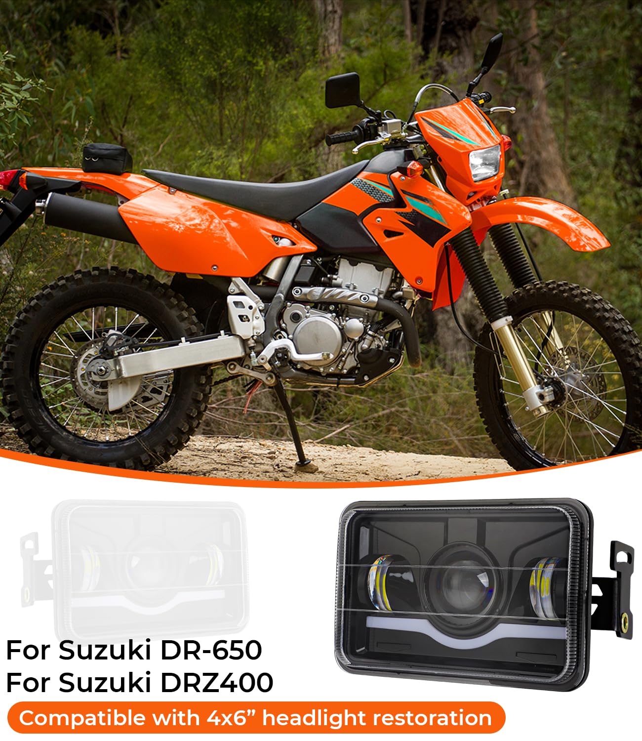 Foruly 4x6 LED Headlight Kit for Suzuki DR-650 | for Suzuki DRZ400 with Mounting Bracket Hardware Headlight High Brightness Three Modes High Beam Low beam Daytime Running Light (Light with Bracket)